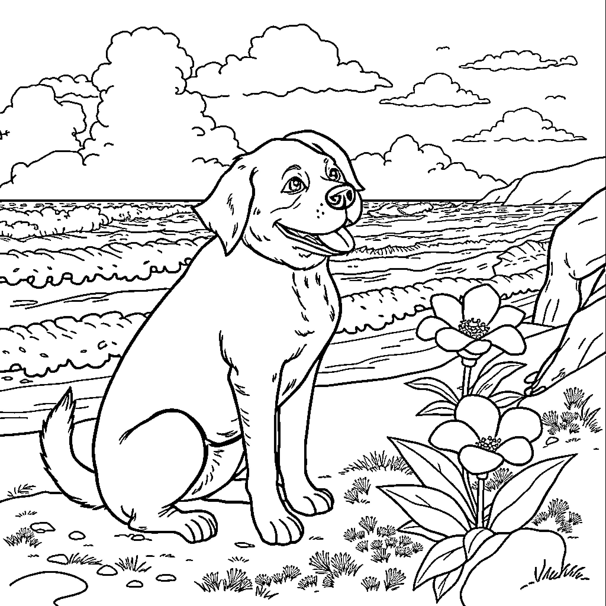 Dog Enjoying Nature by the Seaside Coloring Page (free black-and-white line drawing printable PDF for all, from beginners to advanced learners, including children, teens, adults, and seniors)