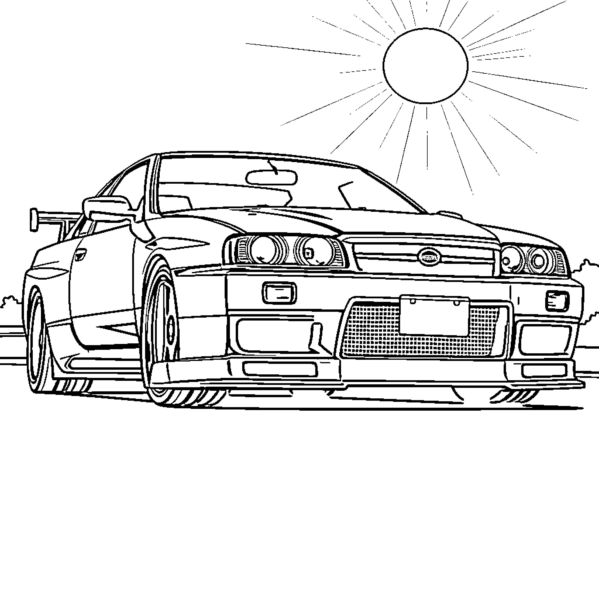 Nissan Skyline sports car in the sun Coloring Page (free black-and-white line drawing printable PDF for all, from beginners to advanced learners, including children, teens, adults, and seniors)