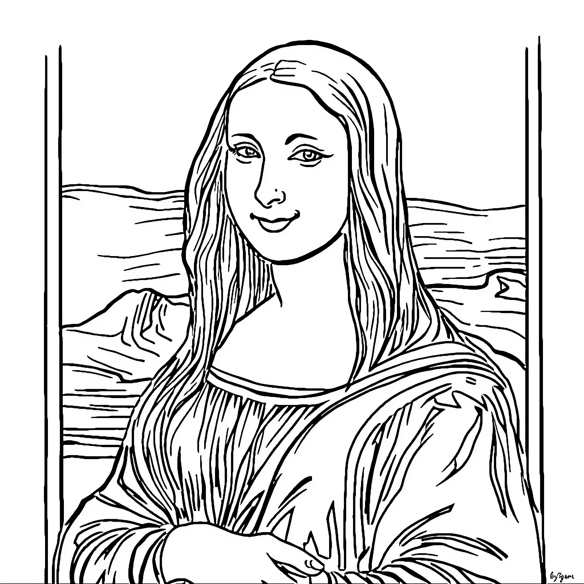 Mona Lisa with Serene Expression Coloring Page (free black-and-white line drawing printable PDF for all, from beginners to advanced learners, including children, teens, adults, and seniors)
