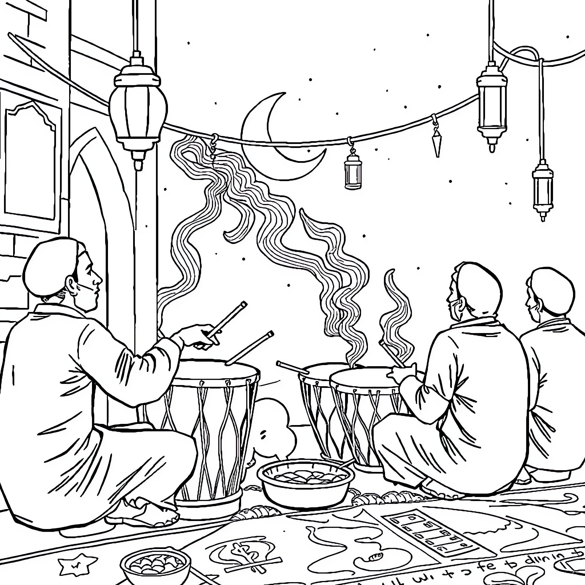 Tung musicians performing in the evening Coloring Page (free black-and-white line drawing printable PDF for all, from beginners to advanced learners, including children, teens, adults, and seniors)