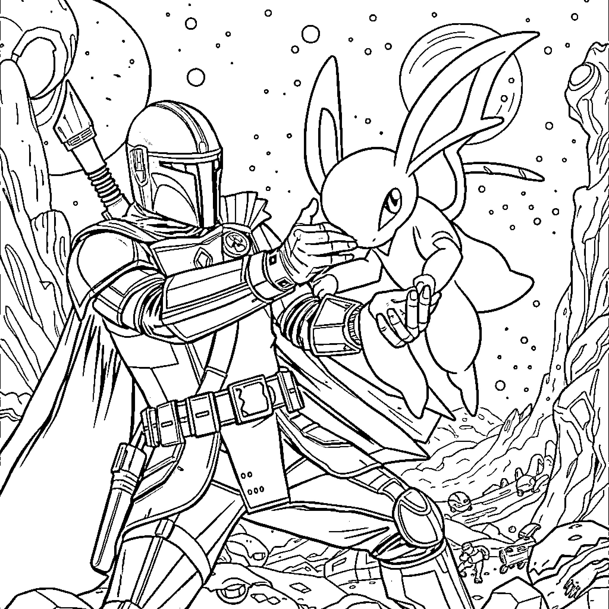 Mandalorian warrior battles mysterious creature in space Coloring Page (free black-and-white line drawing printable PDF for all, from beginners to advanced learners, including children, teens, adults, and seniors)