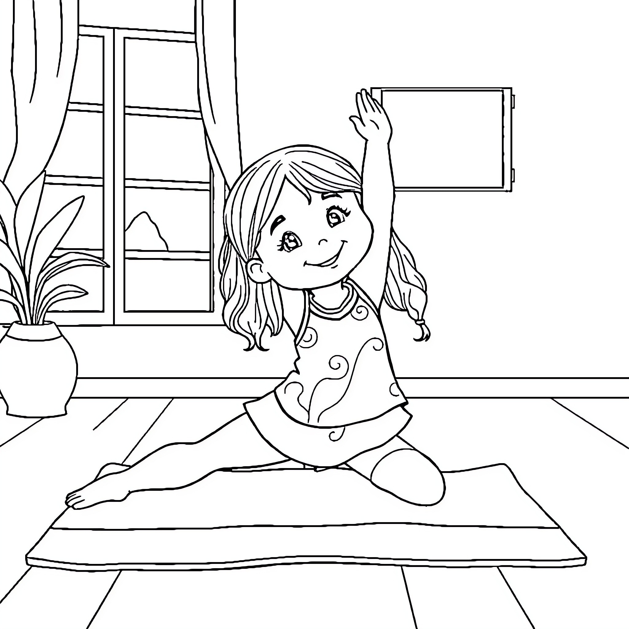 Girl playing happily in her room Coloring Page (free black-and-white line drawing printable PDF for all, from beginners to advanced learners, including children, teens, adults, and seniors)