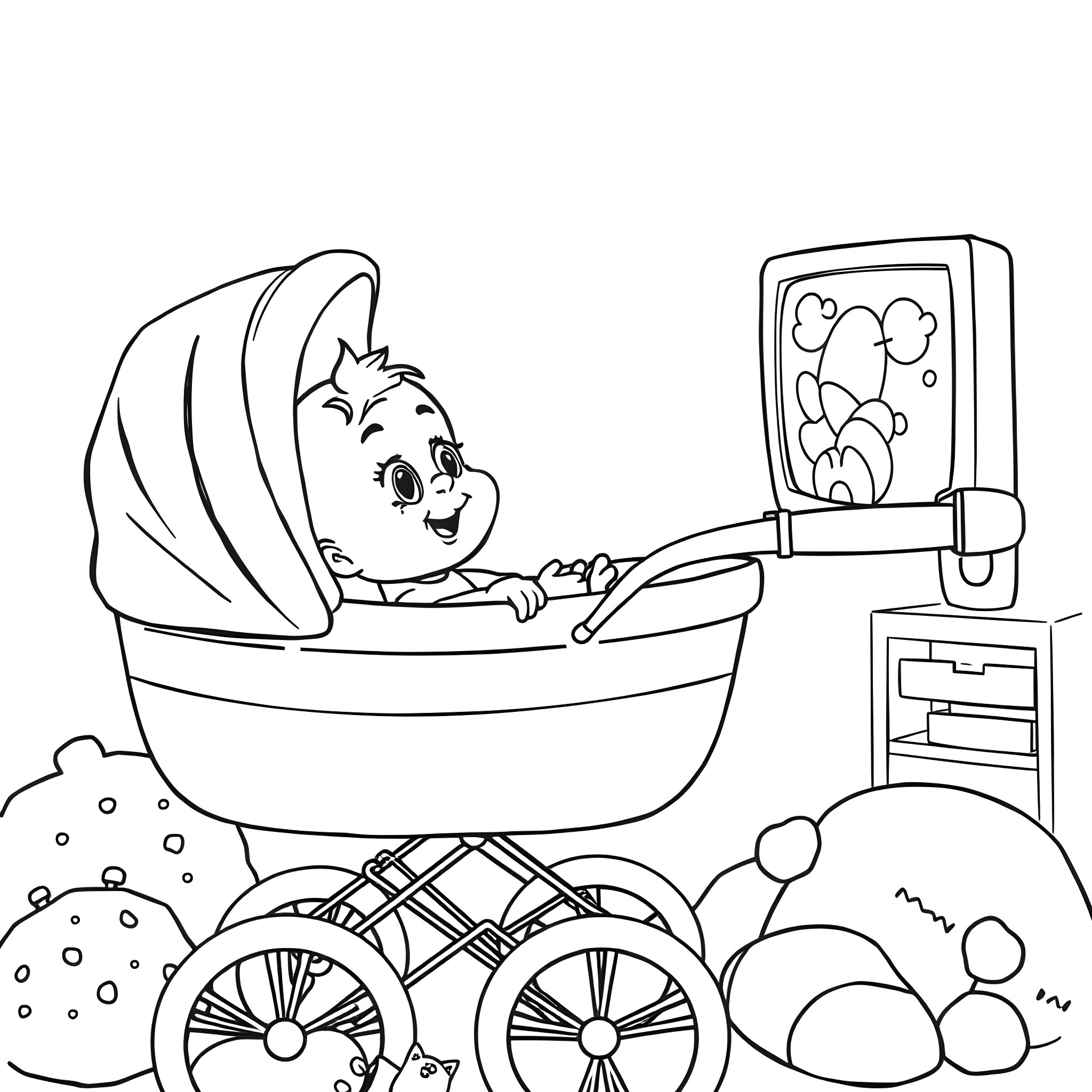Baby in a Cozy Pram Enjoying the Outdoors Coloring Page (free black-and-white line drawing printable PDF for all, from beginners to advanced learners, including children, teens, adults, and seniors)
