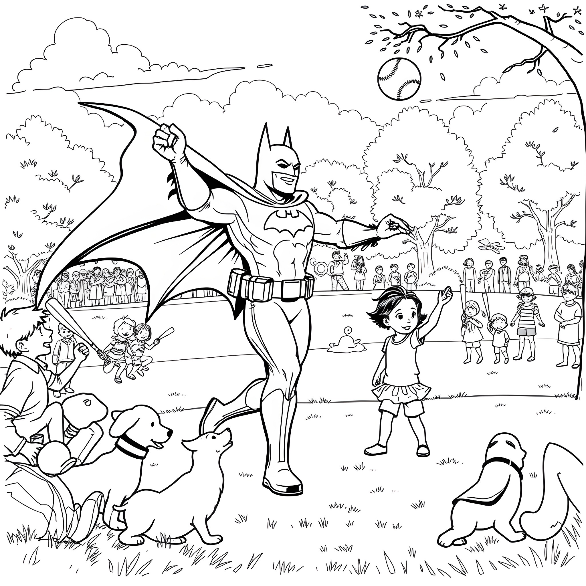 Batman swinging and playing with children in the park Coloring Page (free black-and-white line drawing printable PDF for all, from beginners to advanced learners, including children, teens, adults, and seniors)