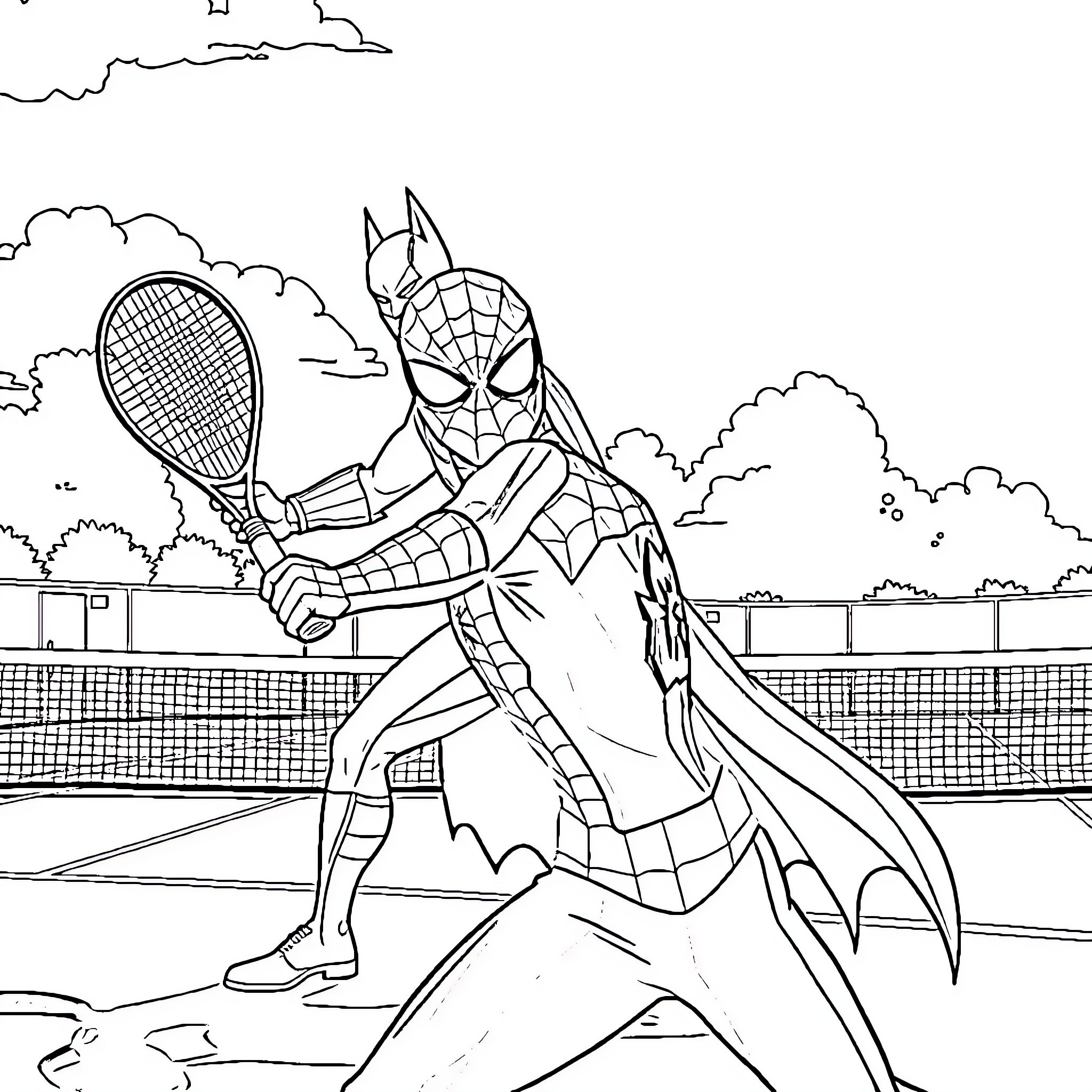 Spiderman playing tennis on the court Coloring Page (free black-and-white line drawing printable PDF for all, from beginners to advanced learners, including children, teens, adults, and seniors)
