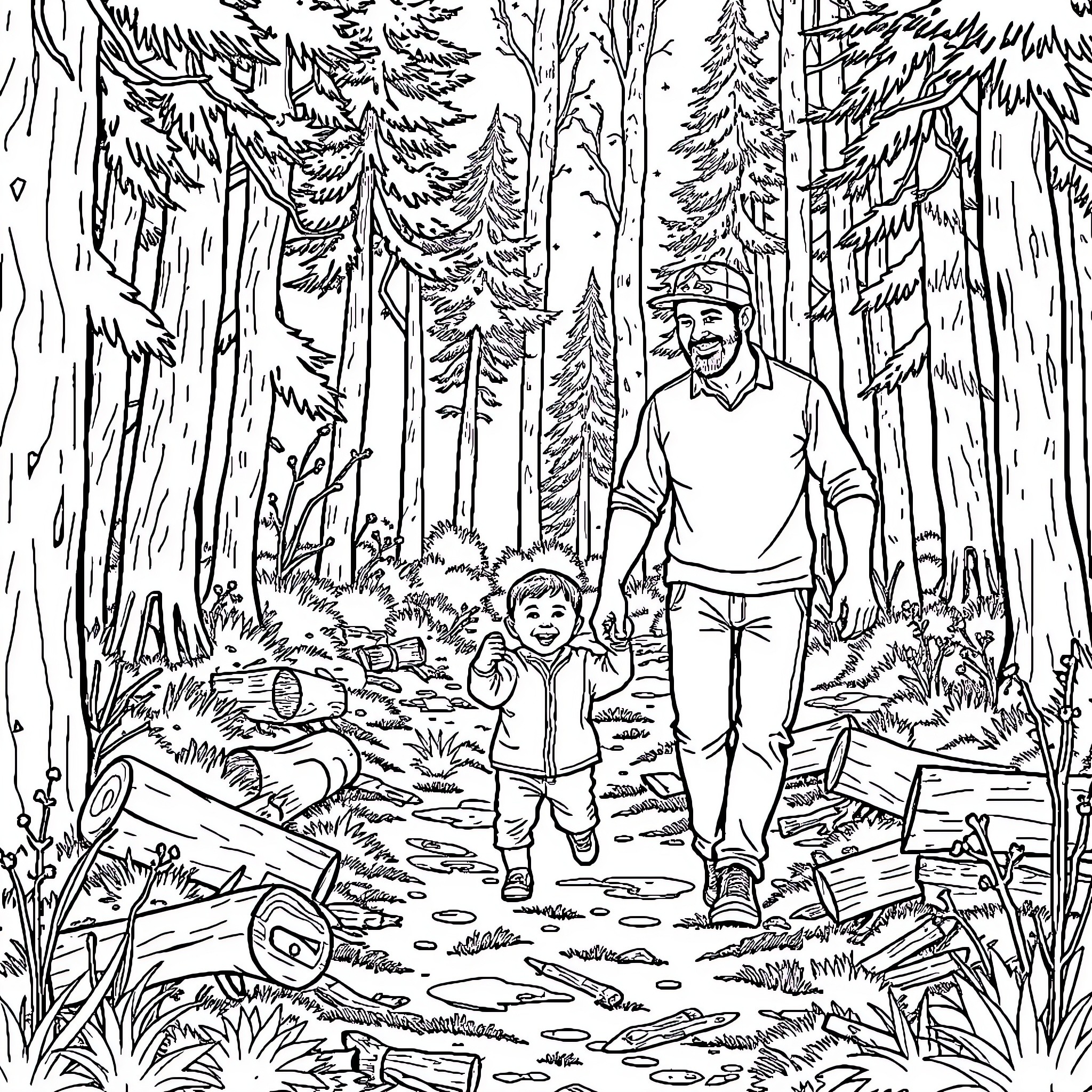 Dad and child explore the woods together Coloring Page (free black-and-white line drawing printable PDF for all, from beginners to advanced learners, including children, teens, adults, and seniors)