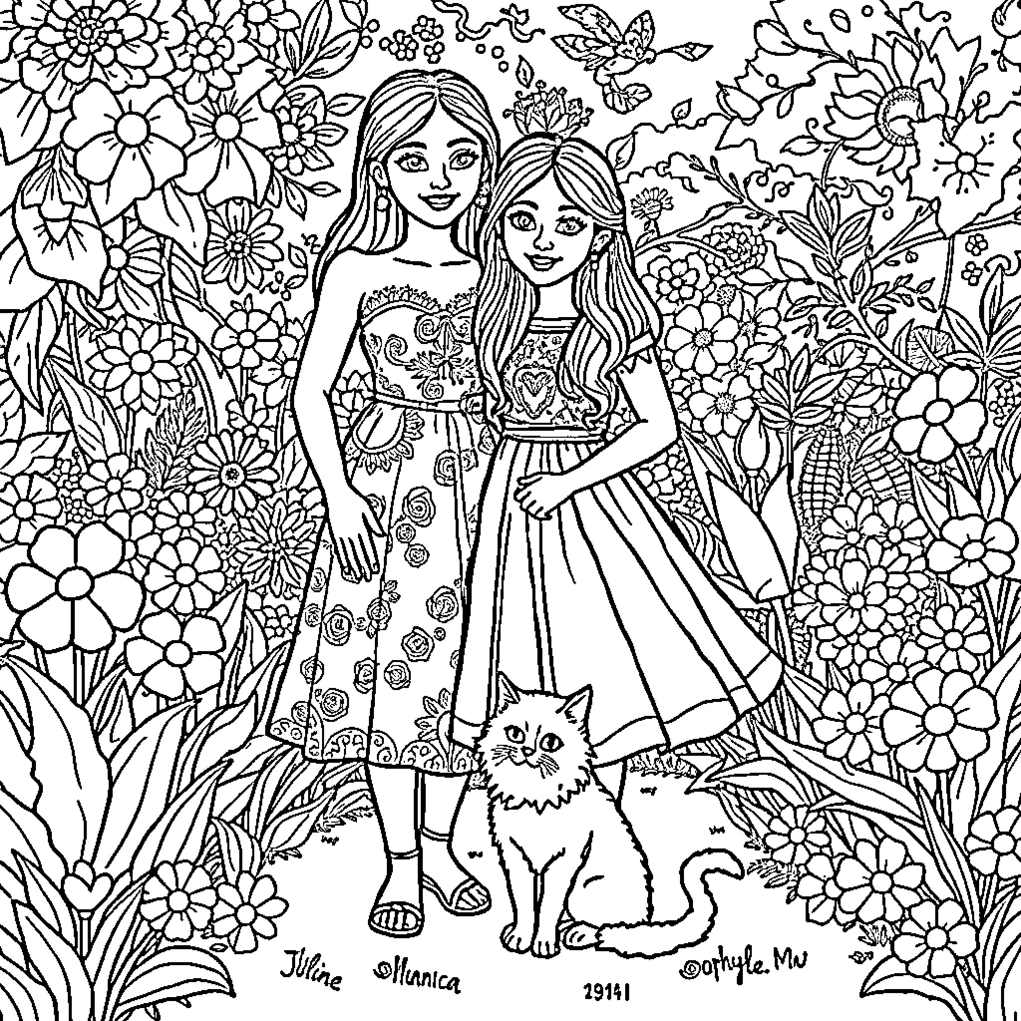 Julieta and Minica exploring the floral garden Coloring Page (free black-and-white line drawing printable PDF for all, from beginners to advanced learners, including children, teens, adults, and seniors)