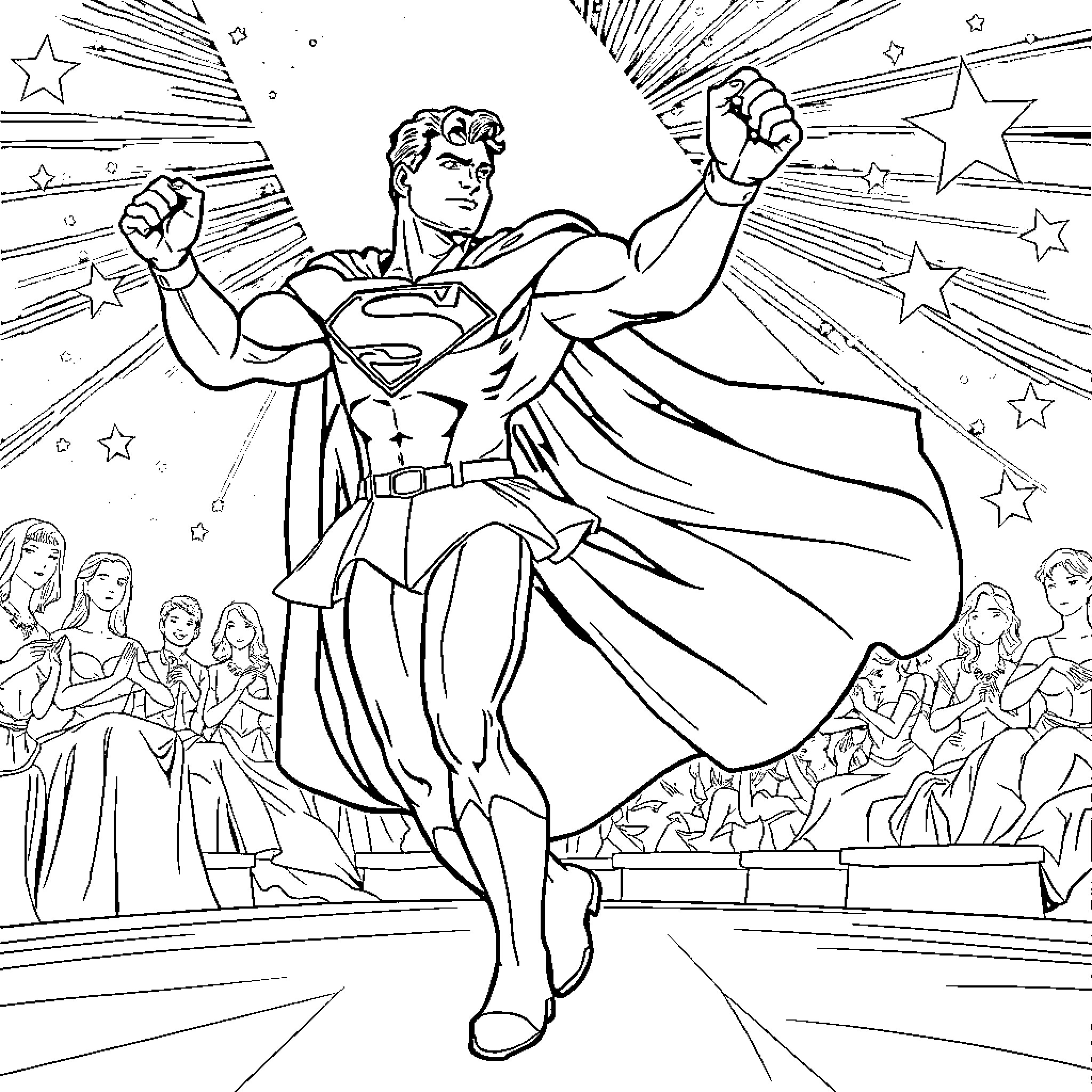 Superman soaring heroically in front of cheering crowd Coloring Page (free black-and-white line drawing printable PDF for all, from beginners to advanced learners, including children, teens, adults, and seniors)