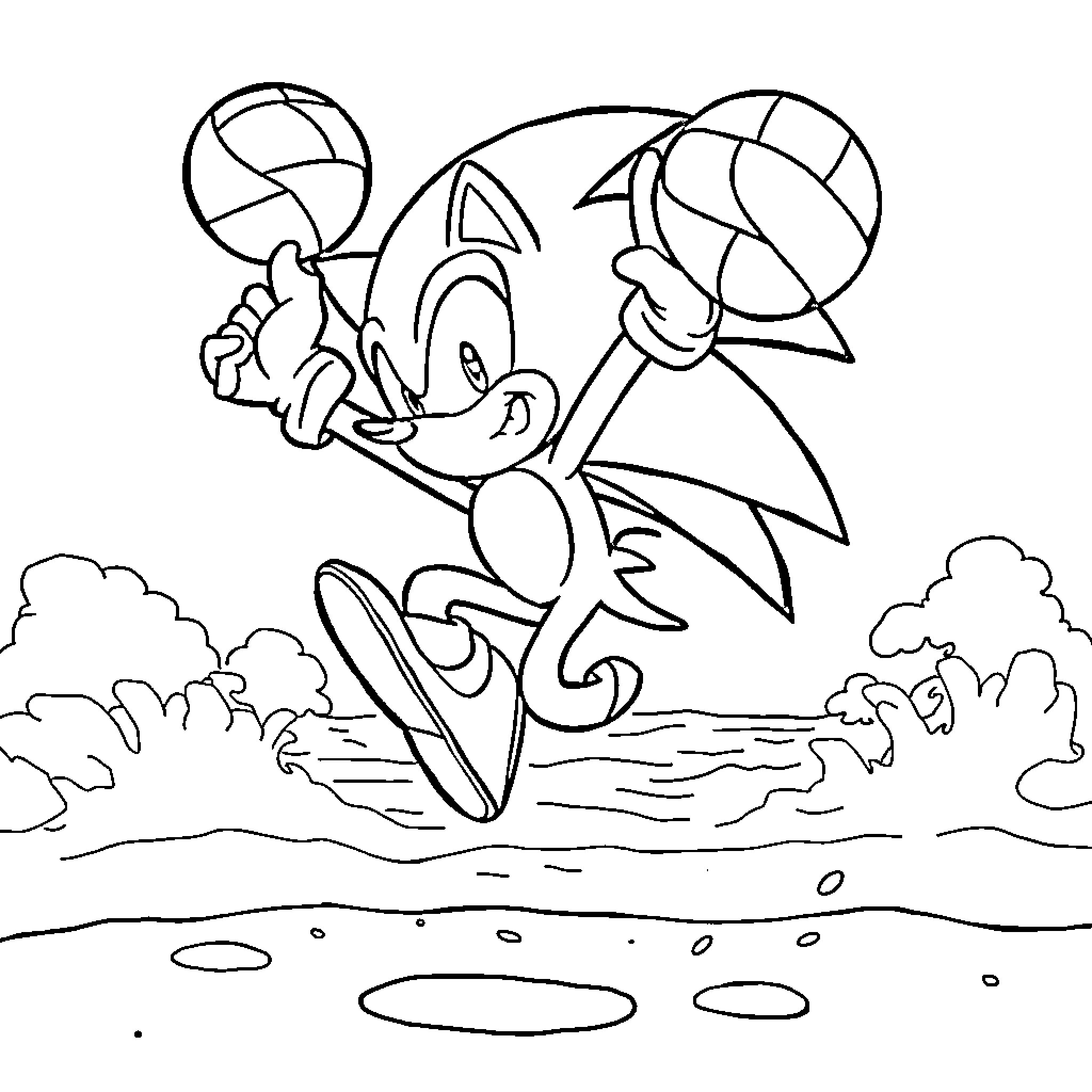 Sonic playing with beach ball in the park Coloring Page (free black-and-white line drawing printable PDF for all, from beginners to advanced learners, including children, teens, adults, and seniors)