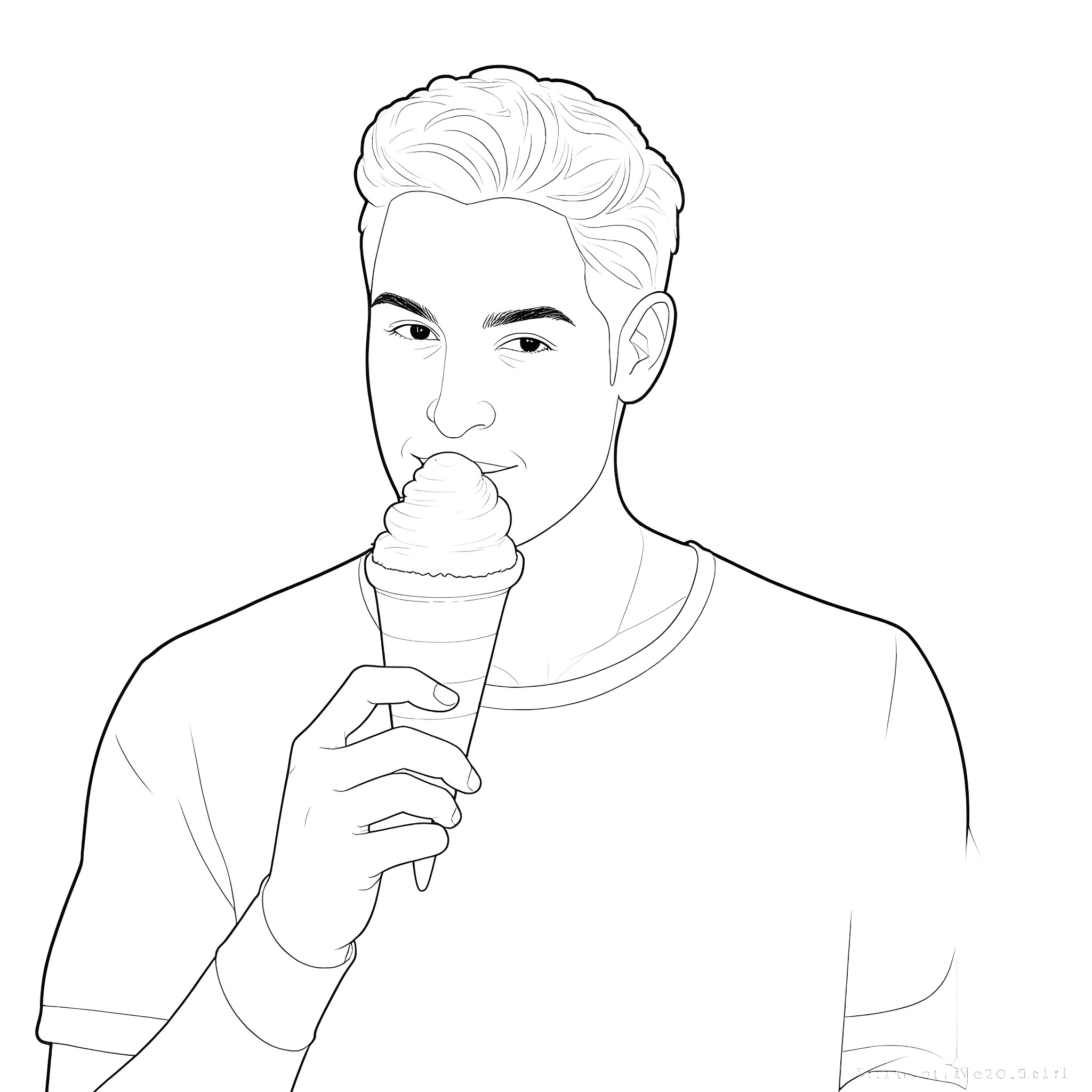 Pedro Pascal enjoying a tasty ice cream cone Coloring Page (free black-and-white line drawing printable PDF for all, from beginners to advanced learners, including children, teens, adults, and seniors)