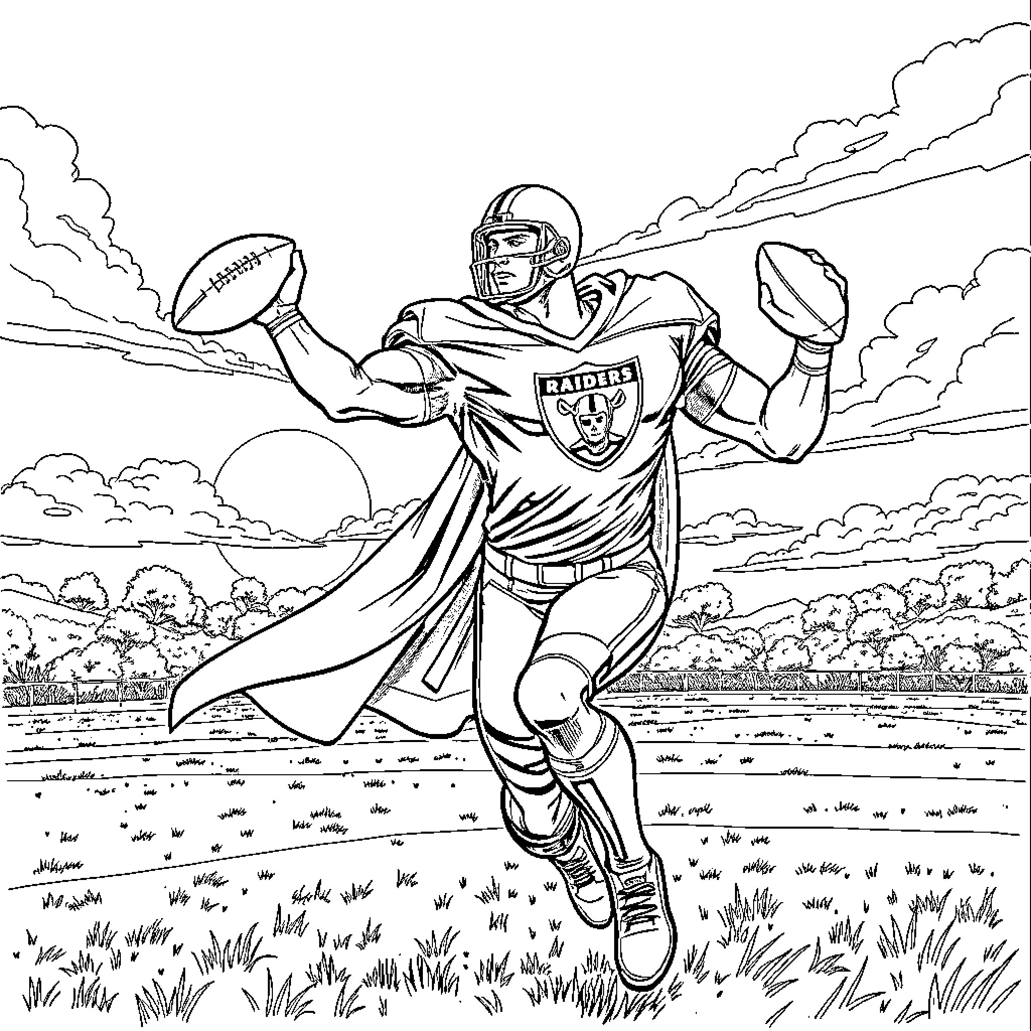 Superman football player in action on the field Coloring Page (free black-and-white line drawing printable PDF for all, from beginners to advanced learners, including children, teens, adults, and seniors)