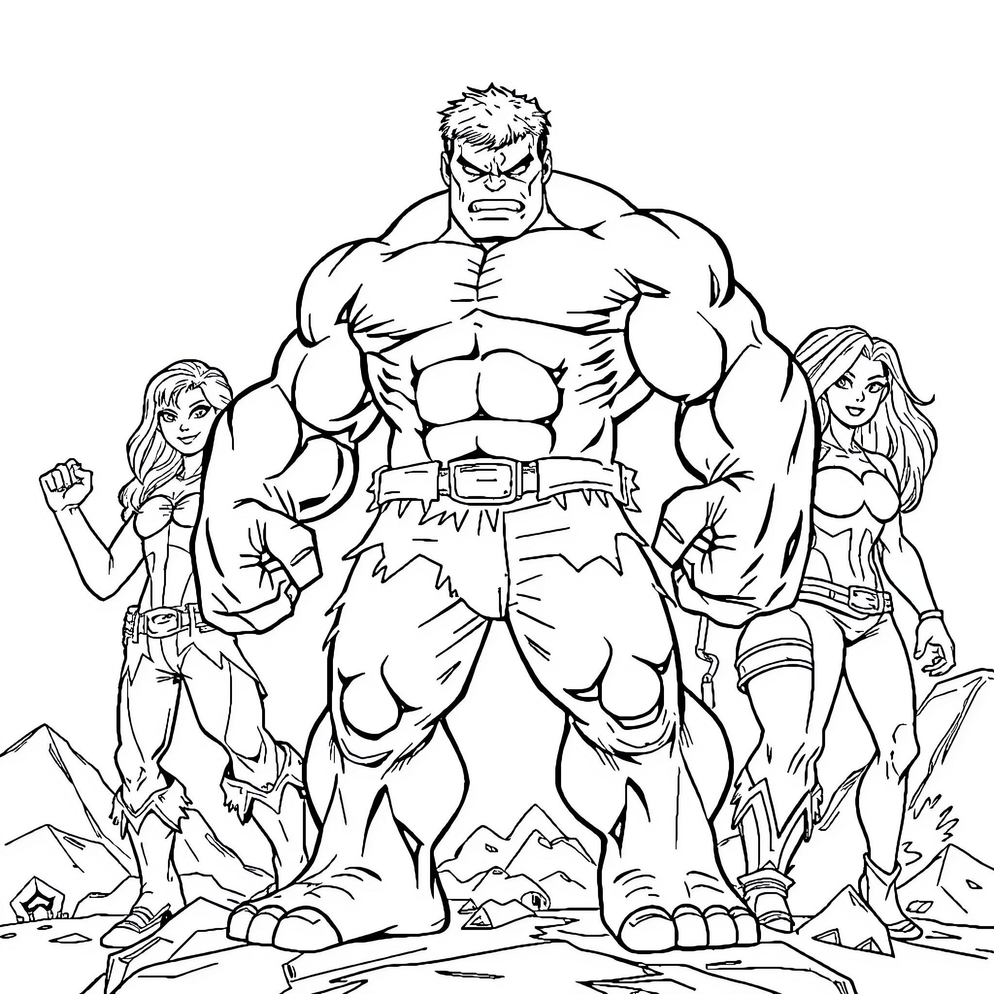 Hulk Unleashed with Companions in the Wilderness Coloring Page (free black-and-white line drawing printable PDF for all, from beginners to advanced learners, including children, teens, adults, and seniors)