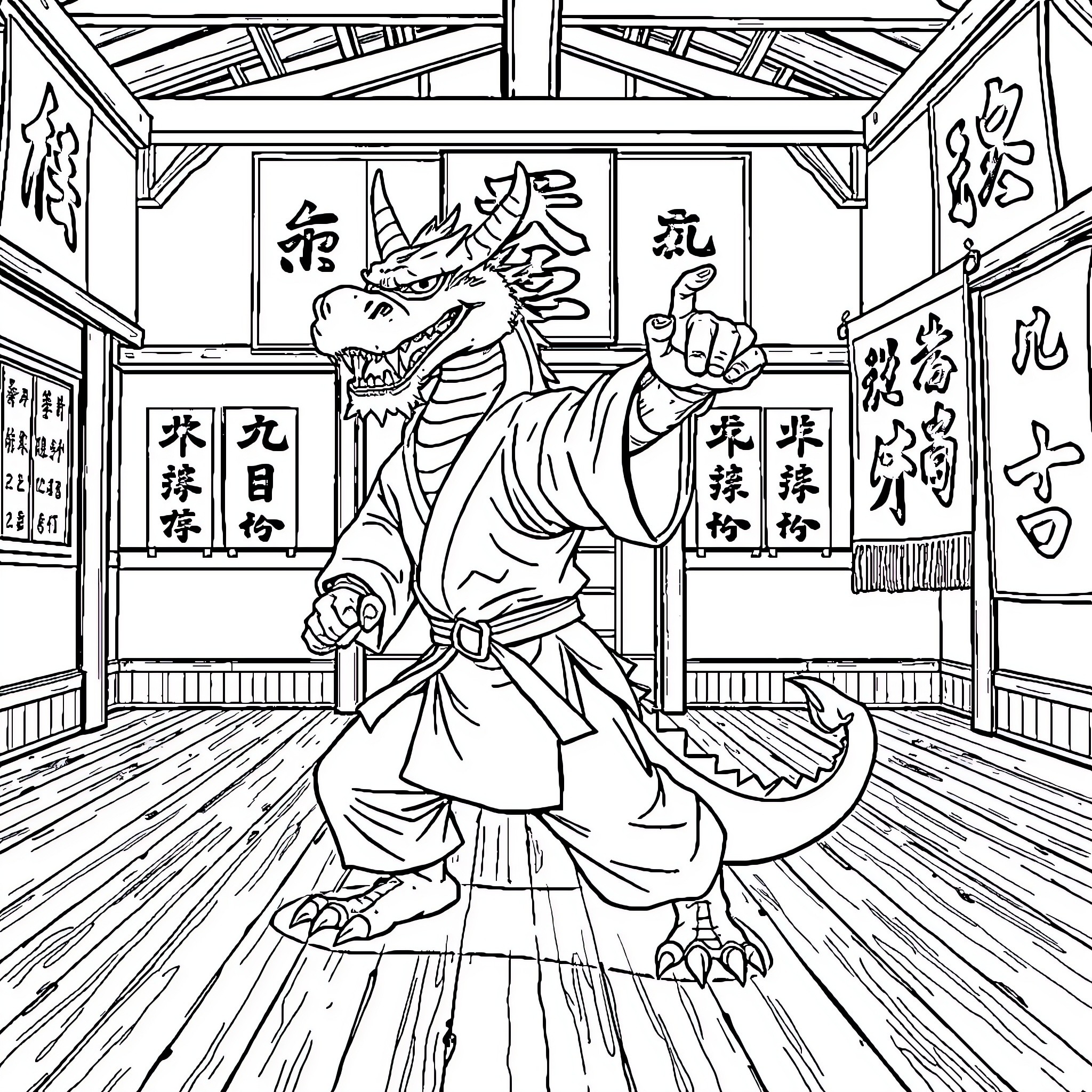 Dragon warrior guarding the temple in a fierce stance Coloring Page (free black-and-white line drawing printable PDF for all, from beginners to advanced learners, including children, teens, adults, and seniors)