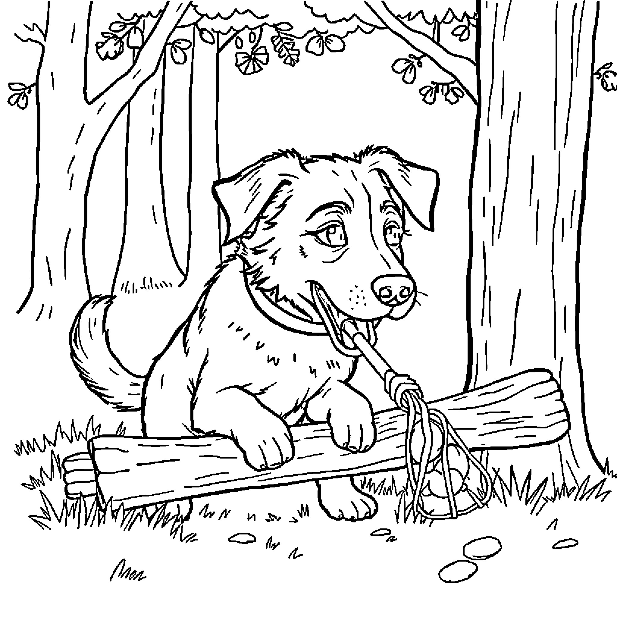 Dog exploring the enchanted forest Coloring Page (free black-and-white line drawing printable PDF for all, from beginners to advanced learners, including children, teens, adults, and seniors)