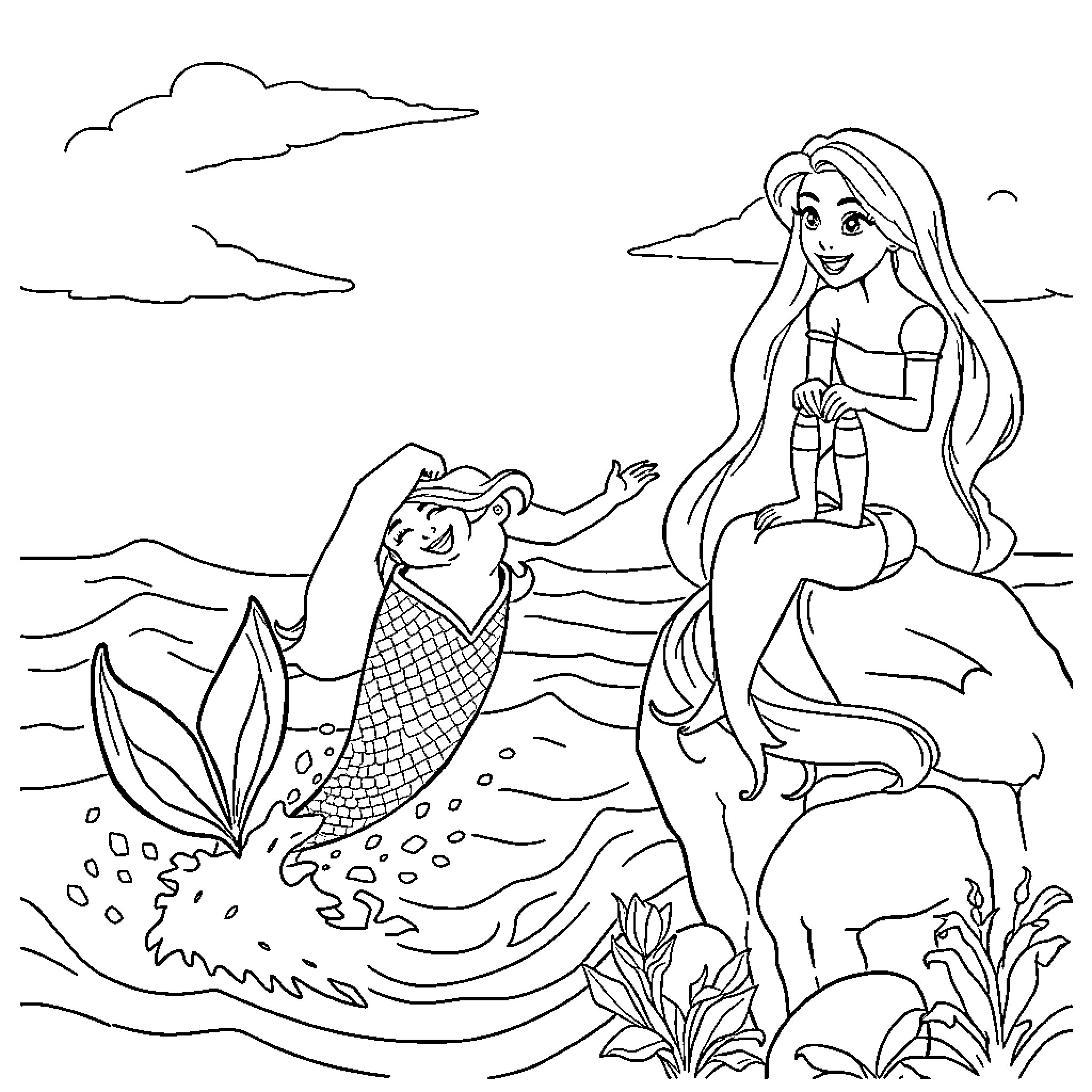 Mermaid and her fishy friend enjoy the ocean Coloring Page (free black-and-white line drawing printable PDF for all, from beginners to advanced learners, including children, teens, adults, and seniors)