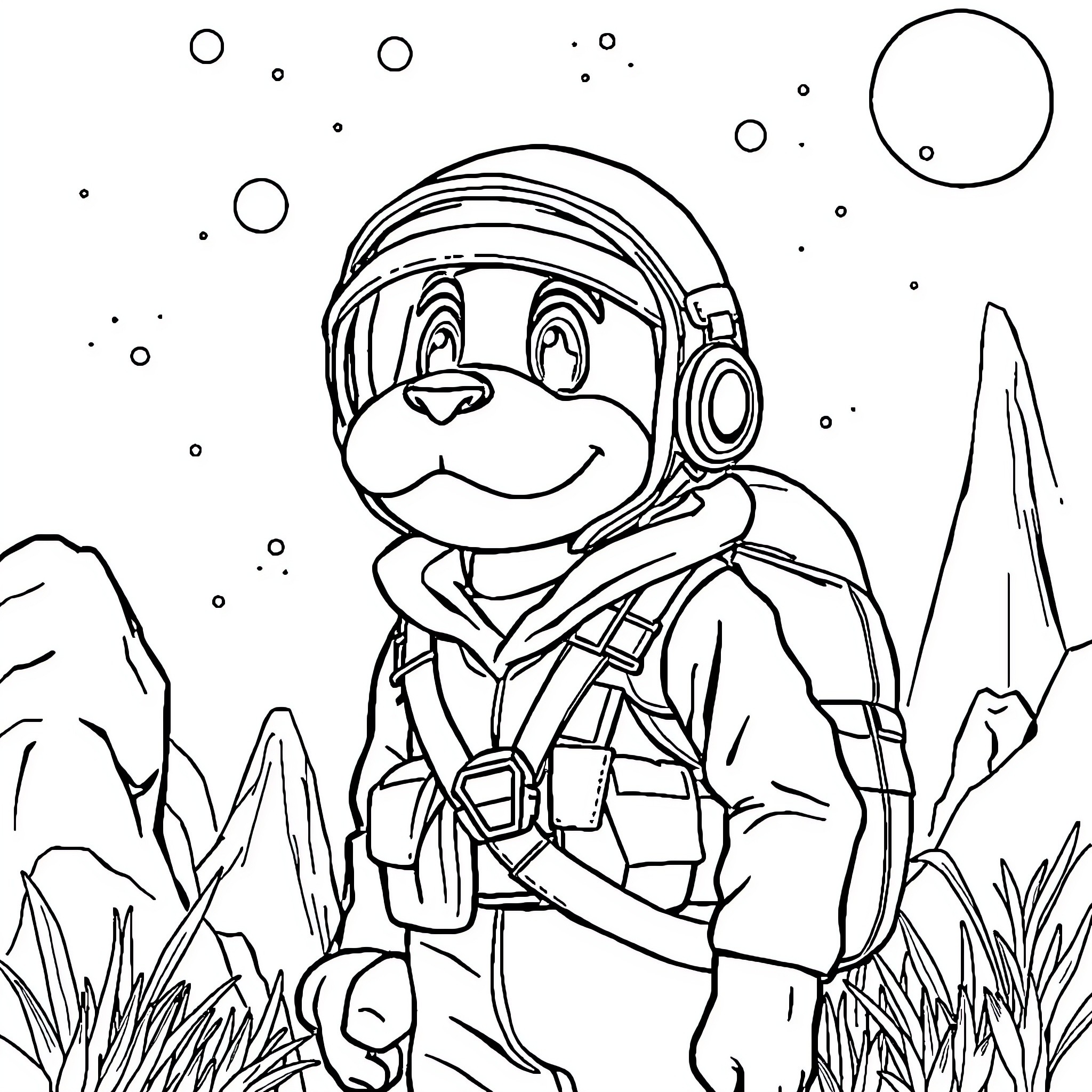 Explorer in Space with Curious Expressions Coloring Page (free black-and-white line drawing printable PDF for all, from beginners to advanced learners, including children, teens, adults, and seniors)