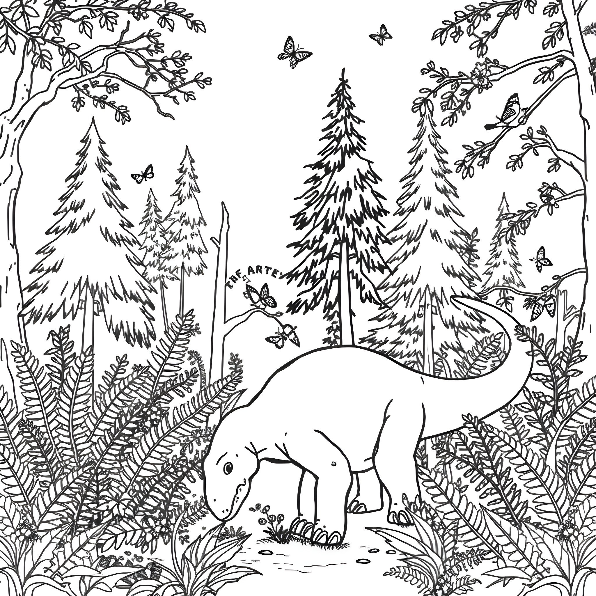 Dinosaur roaming through the forest with butterflies Coloring Page (free black-and-white line drawing printable PDF for all, from beginners to advanced learners, including children, teens, adults, and seniors)