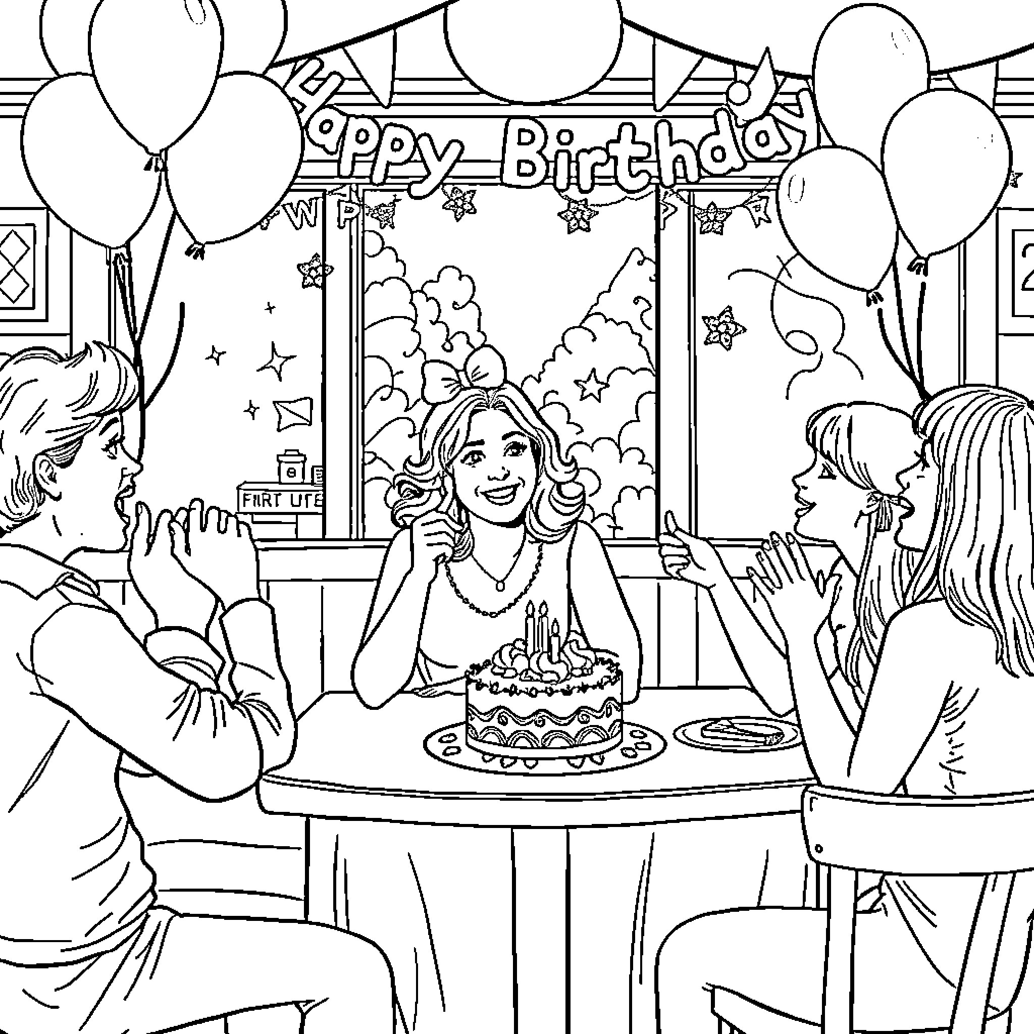 Lady Celebrating Birthday with Family and Friends Coloring Page (free black-and-white line drawing printable PDF for all, from beginners to advanced learners, including children, teens, adults, and seniors)