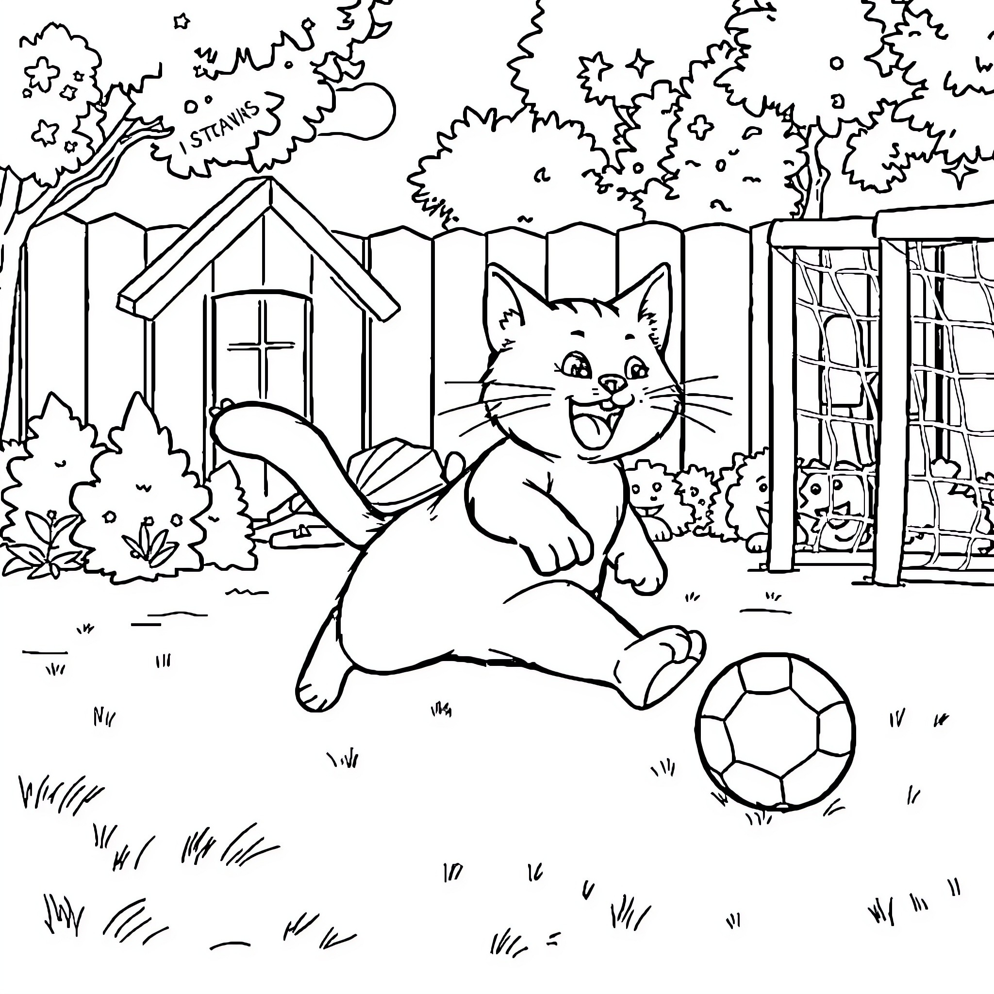 Cat playing with soccer ball in backyard Coloring Page (free black-and-white line drawing printable PDF for all, from beginners to advanced learners, including children, teens, adults, and seniors)