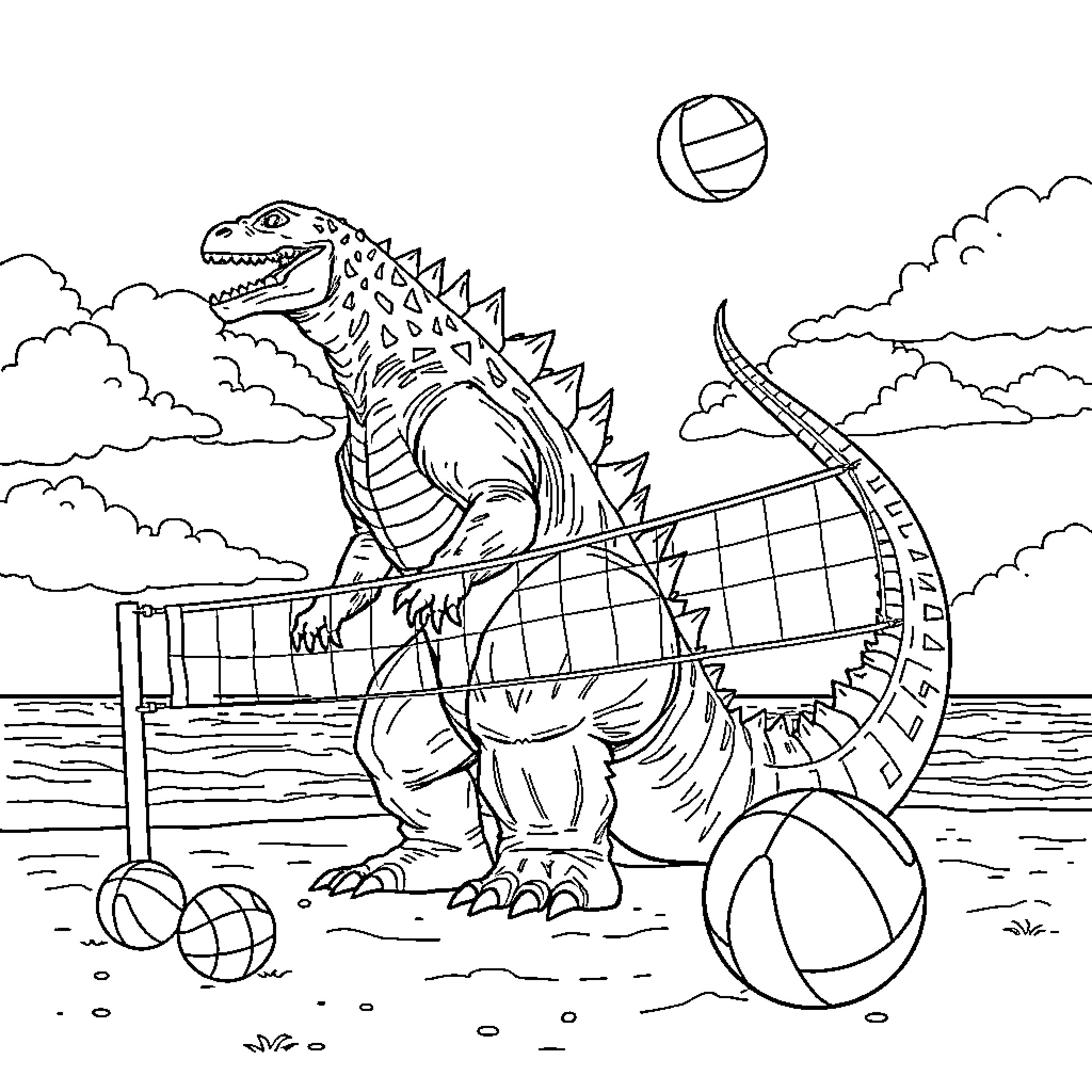Godzilla playing volleyball on the beach Coloring Page (free black-and-white line drawing printable PDF for all, from beginners to advanced learners, including children, teens, adults, and seniors)