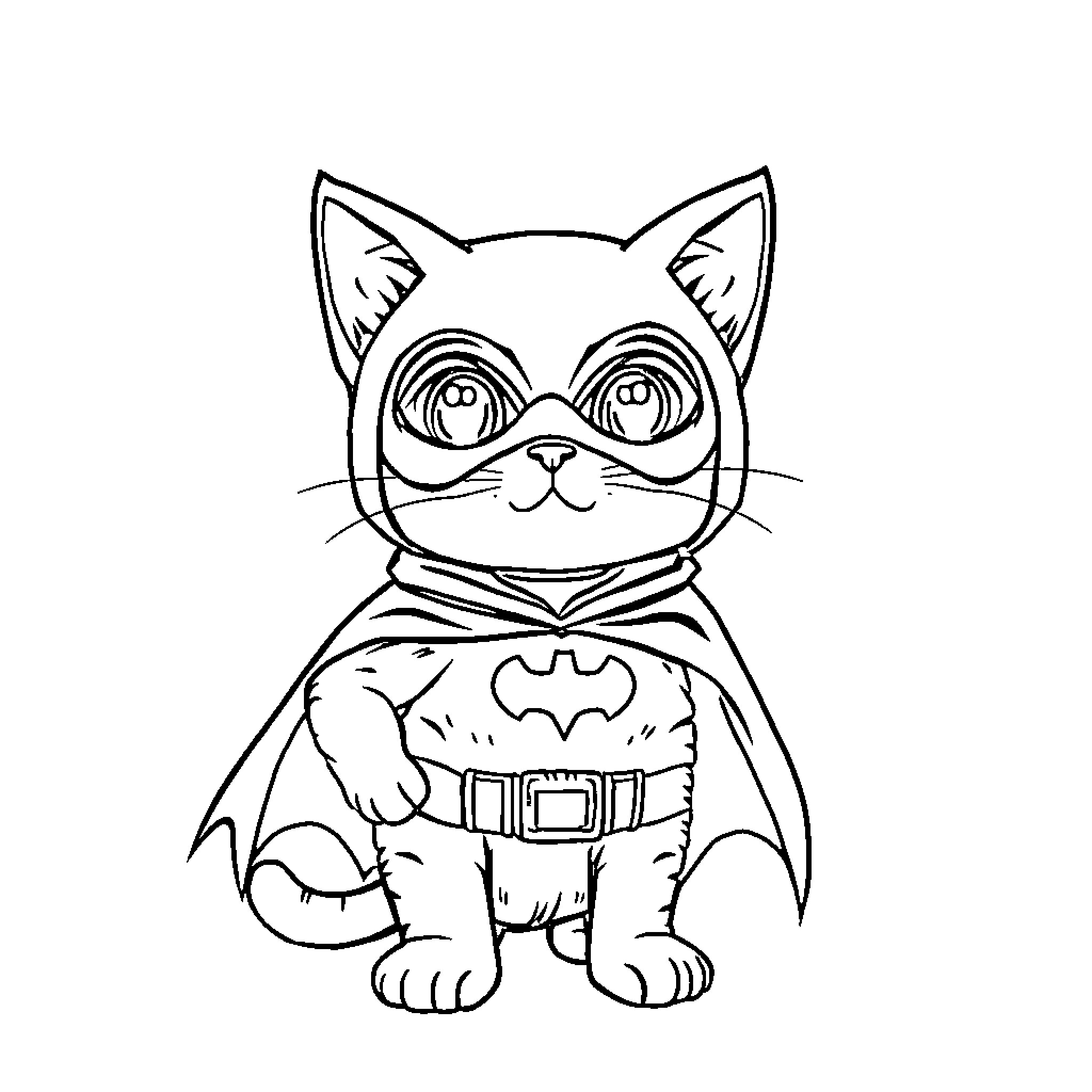 Batman Cat in Superhero Costume Coloring Page (free black-and-white line drawing printable PDF for all, from beginners to advanced learners, including children, teens, adults, and seniors)