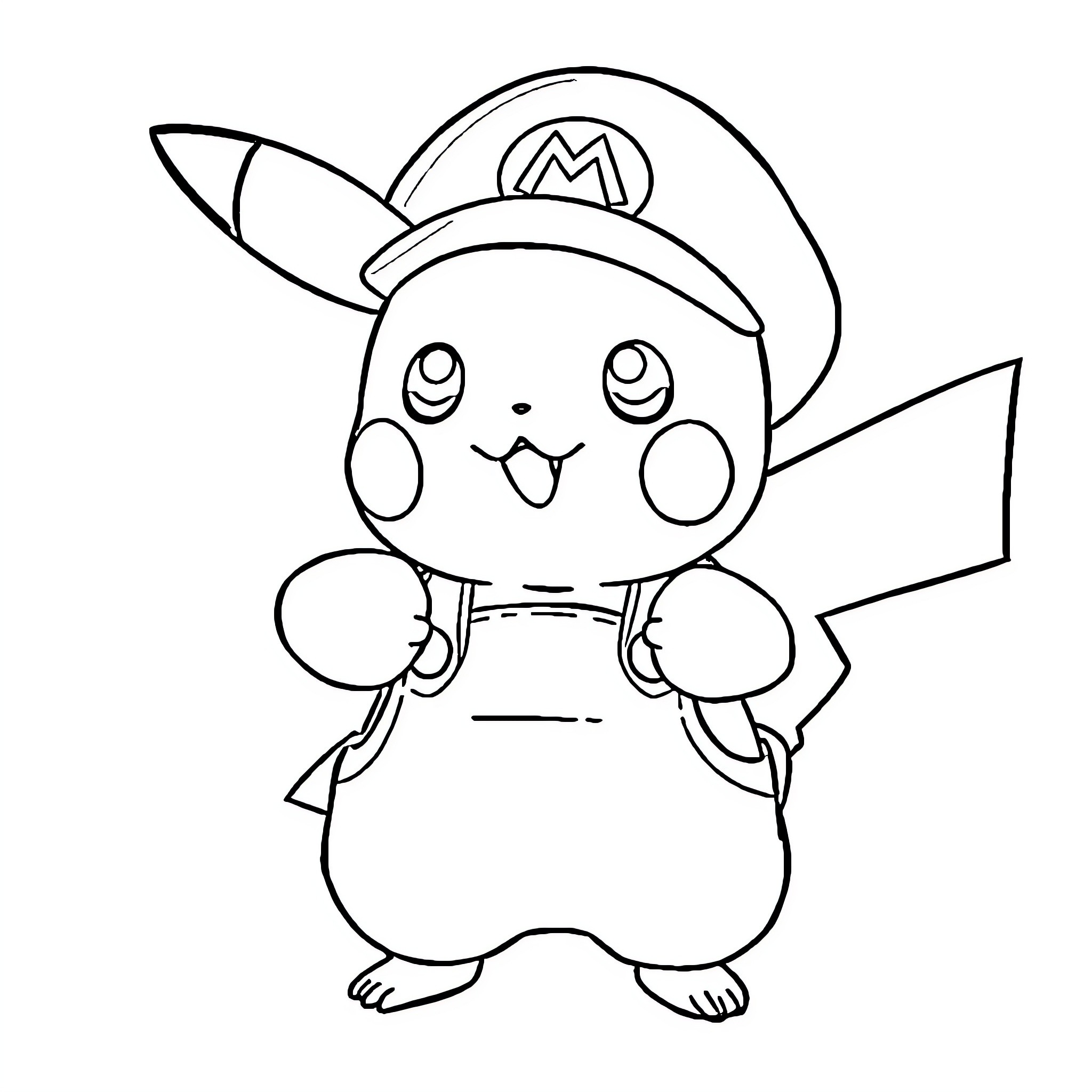 Pikachu dressed as Mario character Coloring Page (free black-and-white line drawing printable PDF for all, from beginners to advanced learners, including children, teens, adults, and seniors)