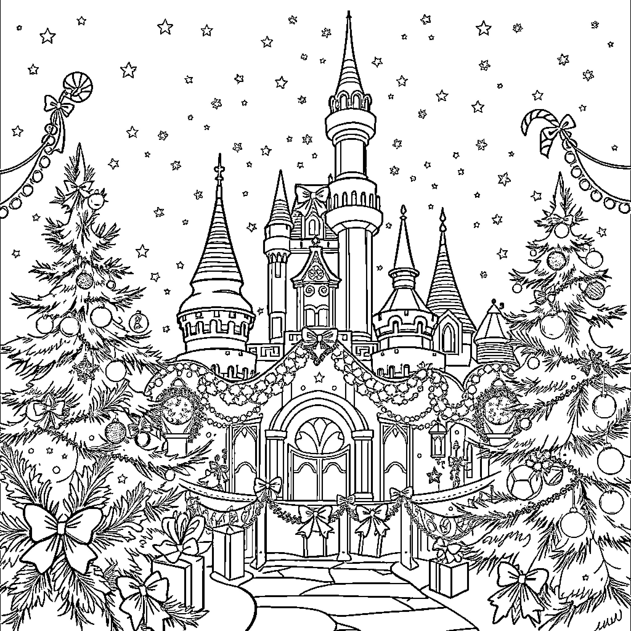 Disney Winter Wonderland Castle with Decorations Coloring Page (free black-and-white line drawing printable PDF for all, from beginners to advanced learners, including children, teens, adults, and seniors)