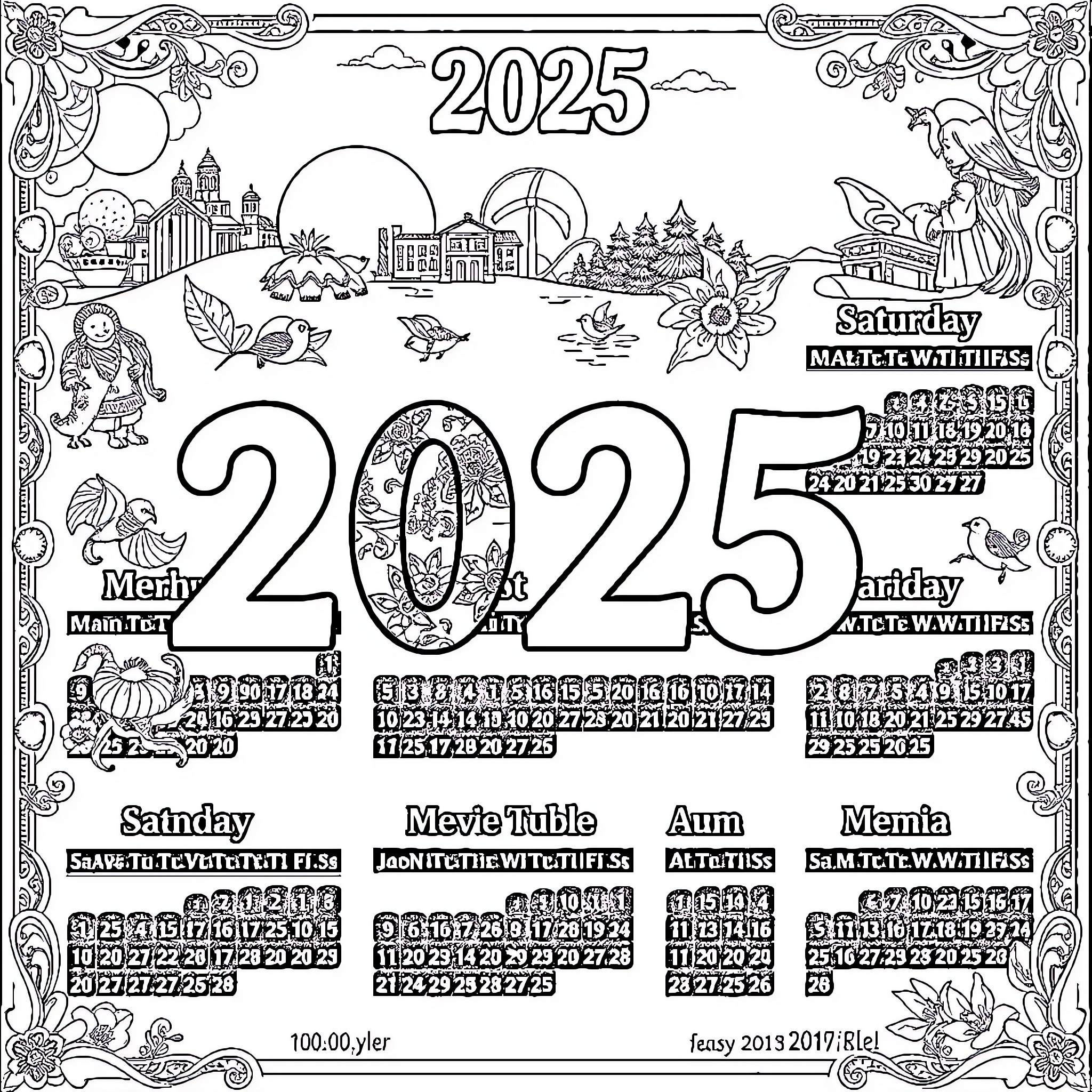 Calendar with artistic doodles and scenes for 2025 Coloring Page (free black-and-white line drawing printable PDF for all, from beginners to advanced learners, including children, teens, adults, and seniors)