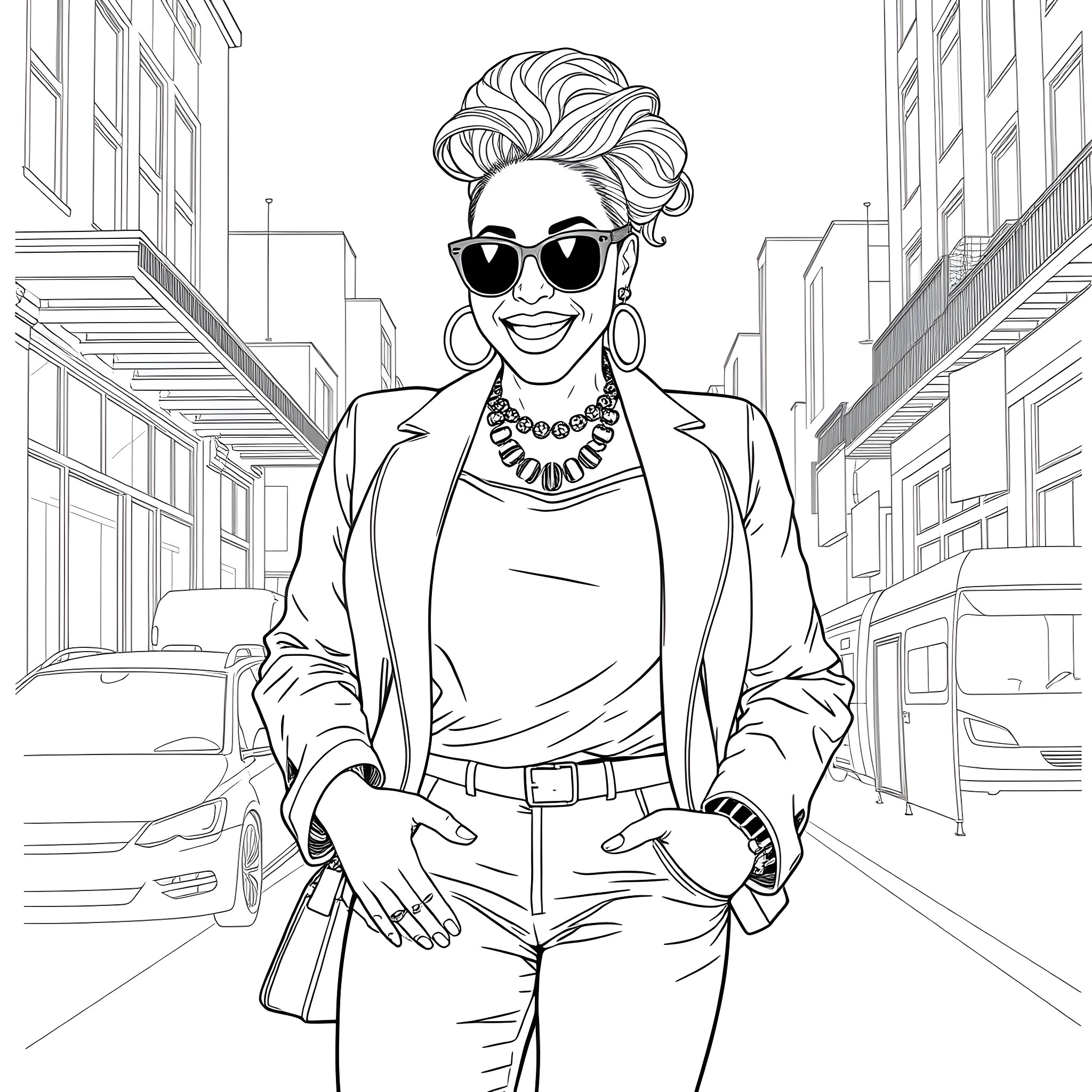Nene Leakes Strolling Confidently Through the City Streets Coloring Page (free black-and-white line drawing printable PDF for all, from beginners to advanced learners, including children, teens, adults, and seniors)