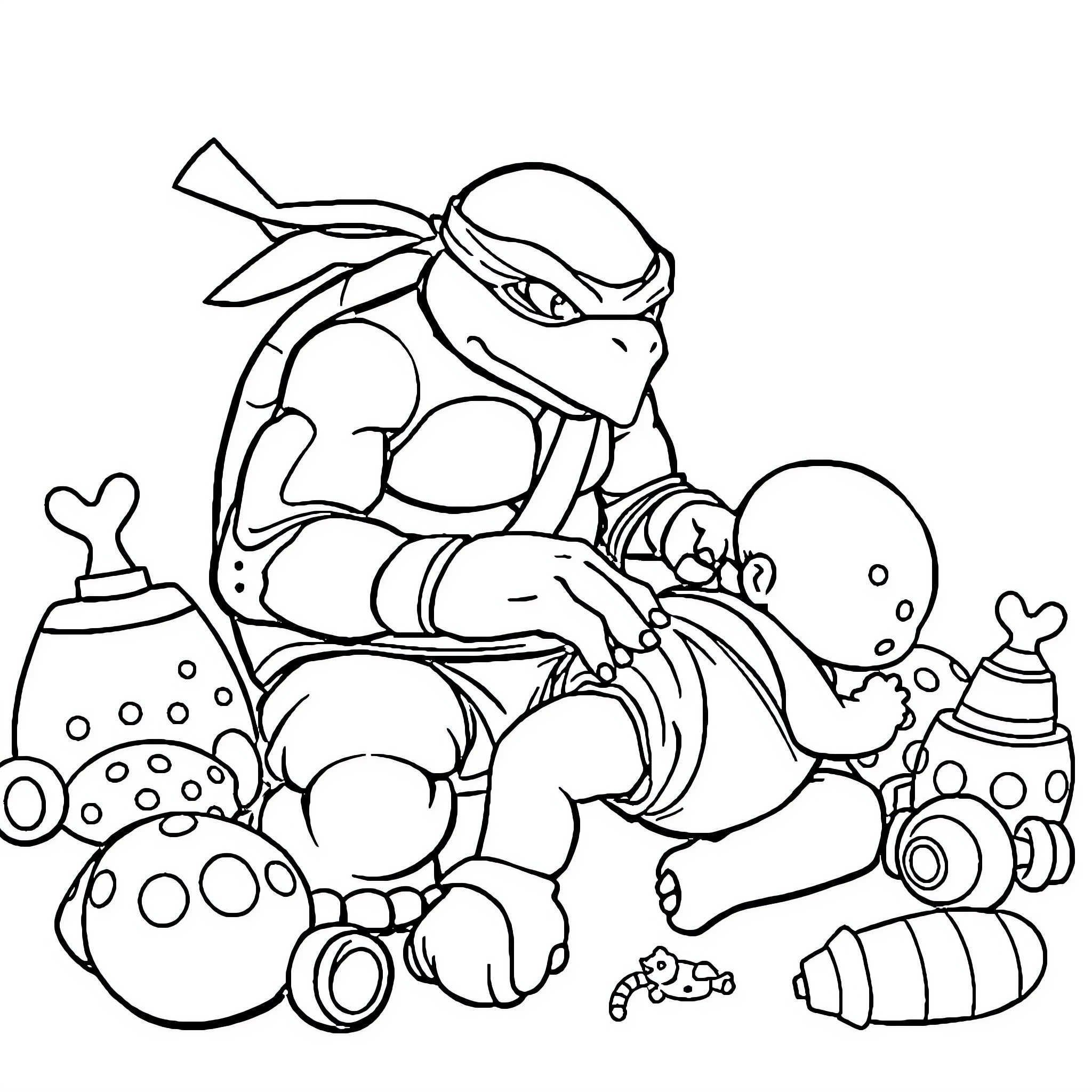 Ninja Turtle exploring an underwater scene Coloring Page (free black-and-white line drawing printable PDF for all, from beginners to advanced learners, including children, teens, adults, and seniors)