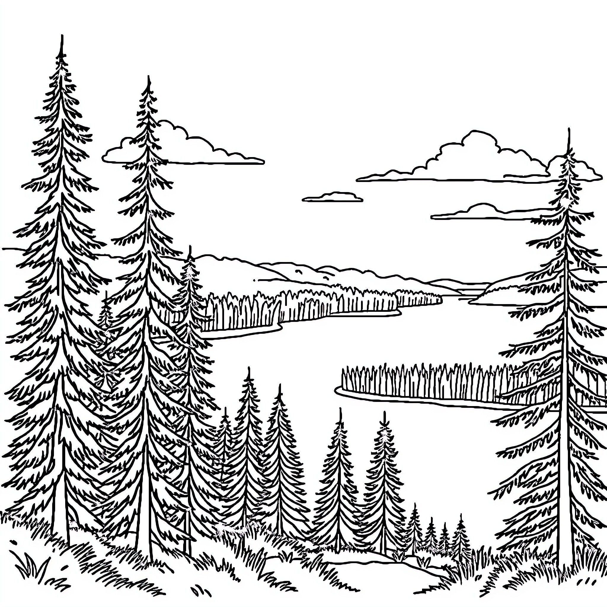 Wisconsin Scenic Forest Landscape with Towering Pine Trees Coloring Page (free black-and-white line drawing printable PDF for all, from beginners to advanced learners, including children, teens, adults, and seniors)