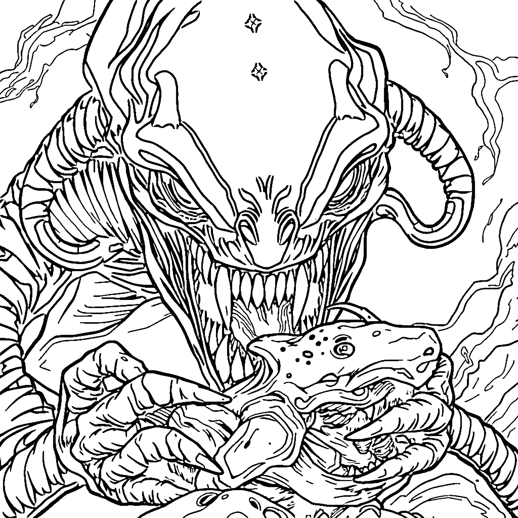 Predator monster with menacing teeth and claws Coloring Page (free black-and-white line drawing printable PDF for all, from beginners to advanced learners, including children, teens, adults, and seniors)