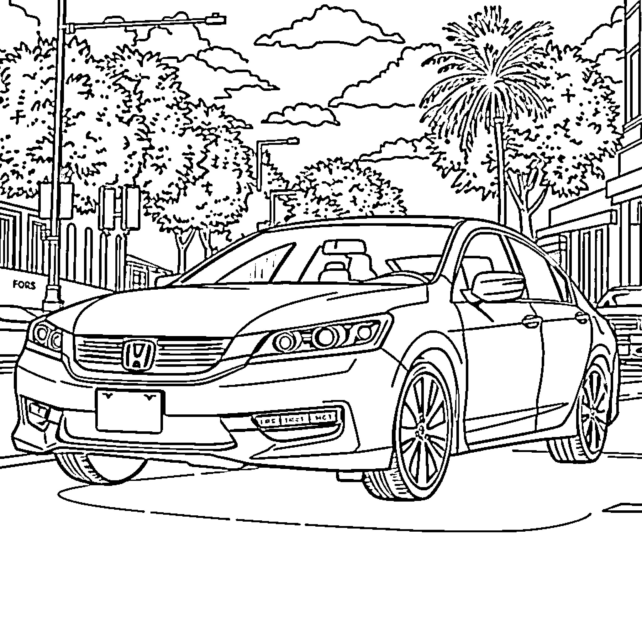 Honda Accord parked in city with fireworks display Coloring Page (free black-and-white line drawing printable PDF for all, from beginners to advanced learners, including children, teens, adults, and seniors)