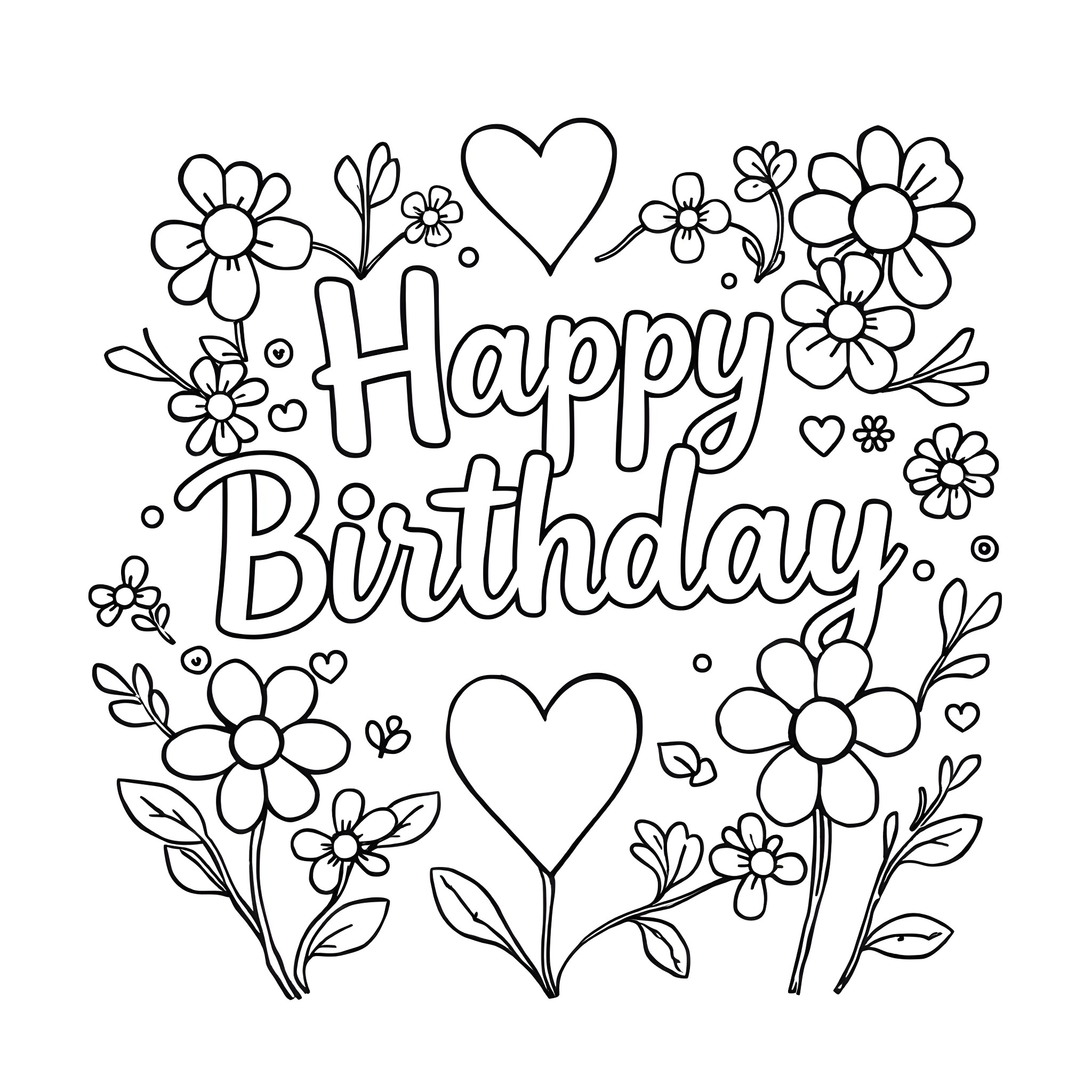 Birthday Sign with Floral Decorations Coloring Page (free black-and-white line drawing printable PDF for all, from beginners to advanced learners, including children, teens, adults, and seniors)