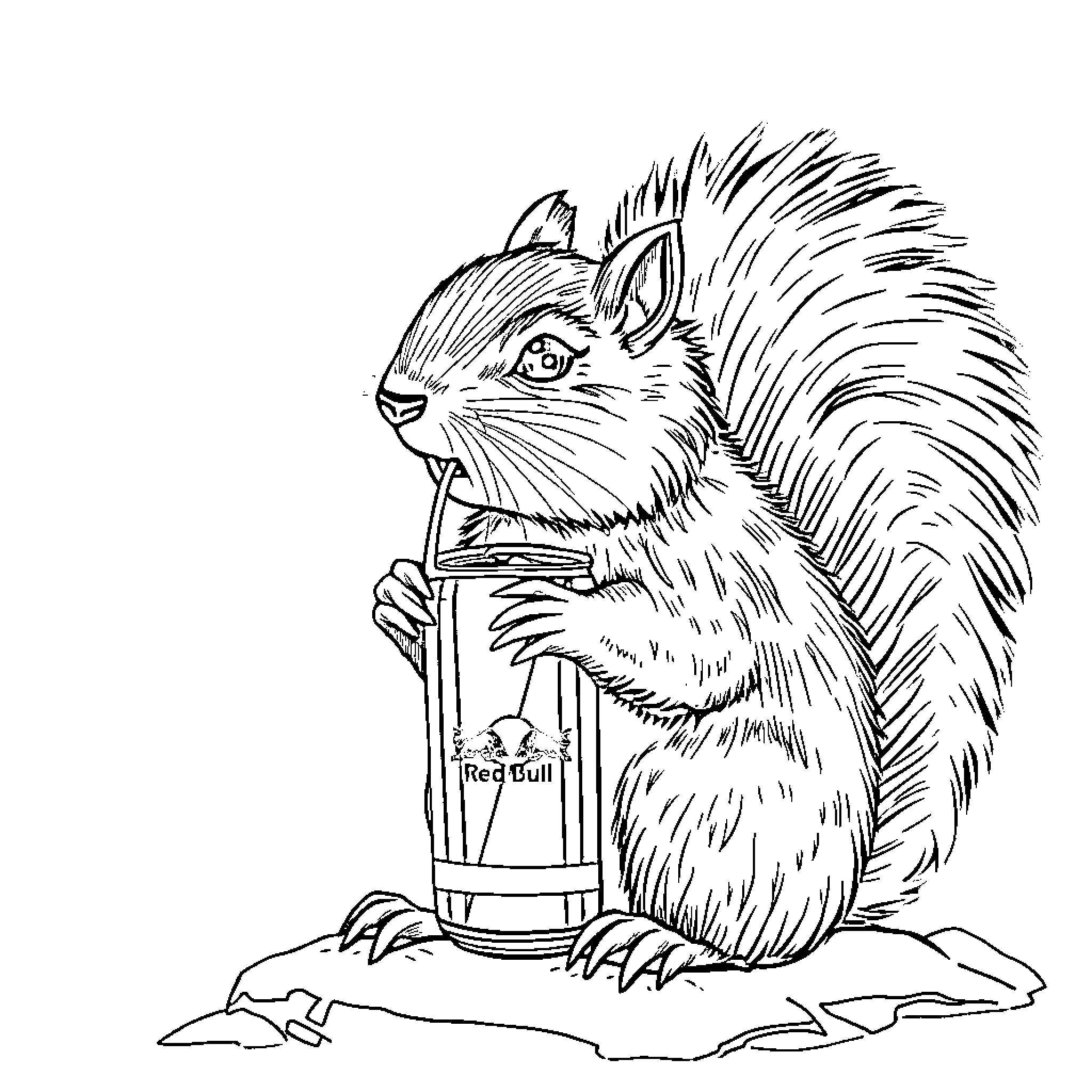 Squirrel enjoying a refreshing drink from a canteen Coloring Page (free black-and-white line drawing printable PDF for all, from beginners to advanced learners, including children, teens, adults, and seniors)
