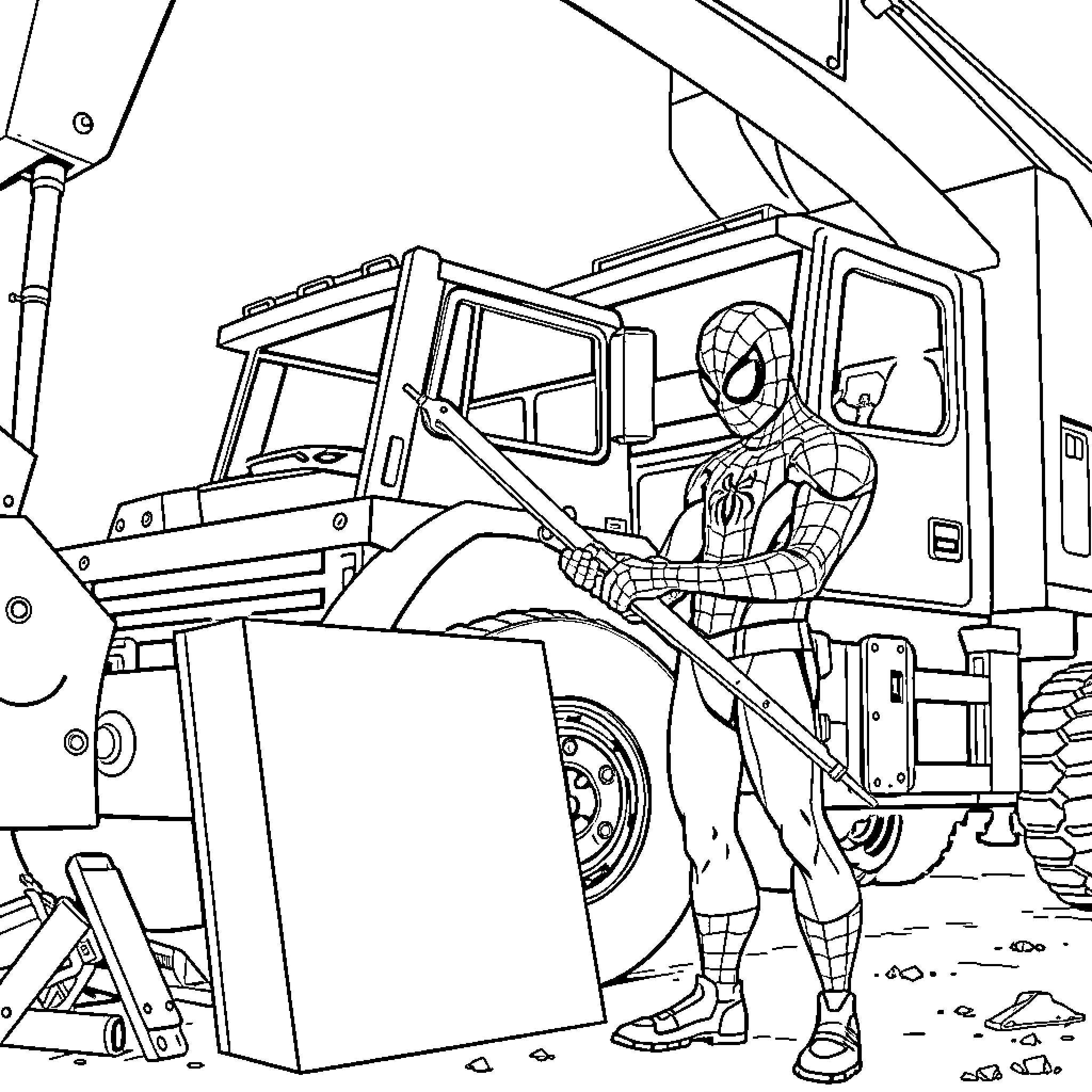 Spiderman operating a construction vehicle Coloring Page (free black-and-white line drawing printable PDF for all, from beginners to advanced learners, including children, teens, adults, and seniors)