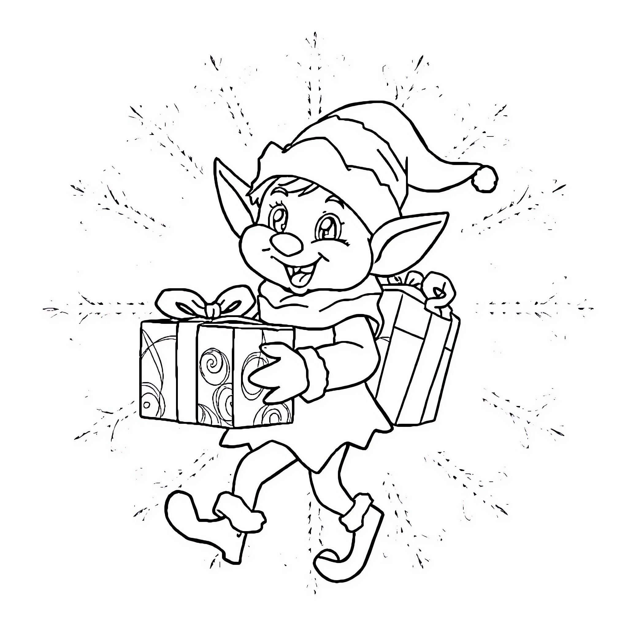 Labubu the Elf Carrying Gifts Coloring Page (free black-and-white line drawing printable PDF for all, from beginners to advanced learners, including children, teens, adults, and seniors)
