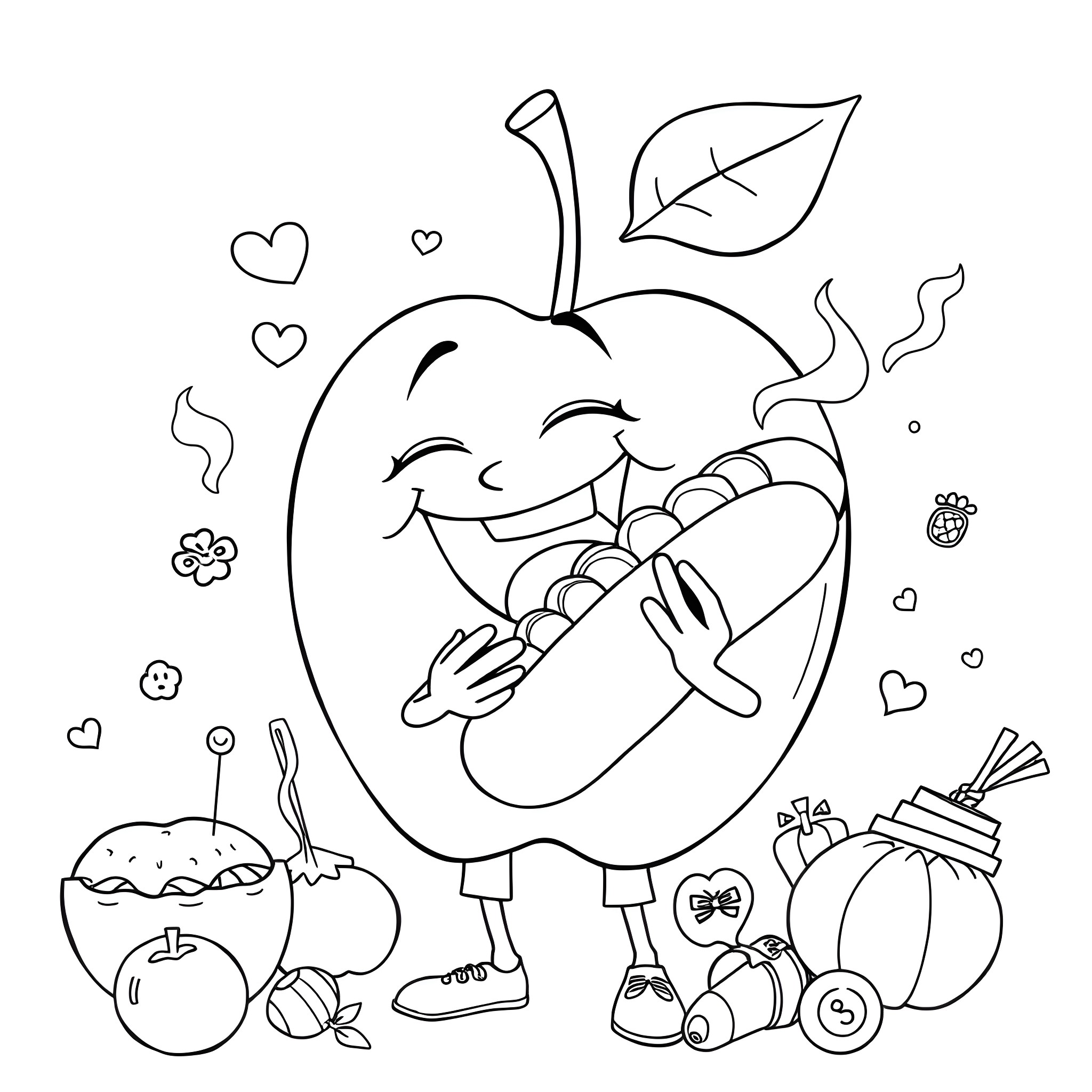 Apple character hugging a cookie happily Coloring Page (free black-and-white line drawing printable PDF for all, from beginners to advanced learners, including children, teens, adults, and seniors)