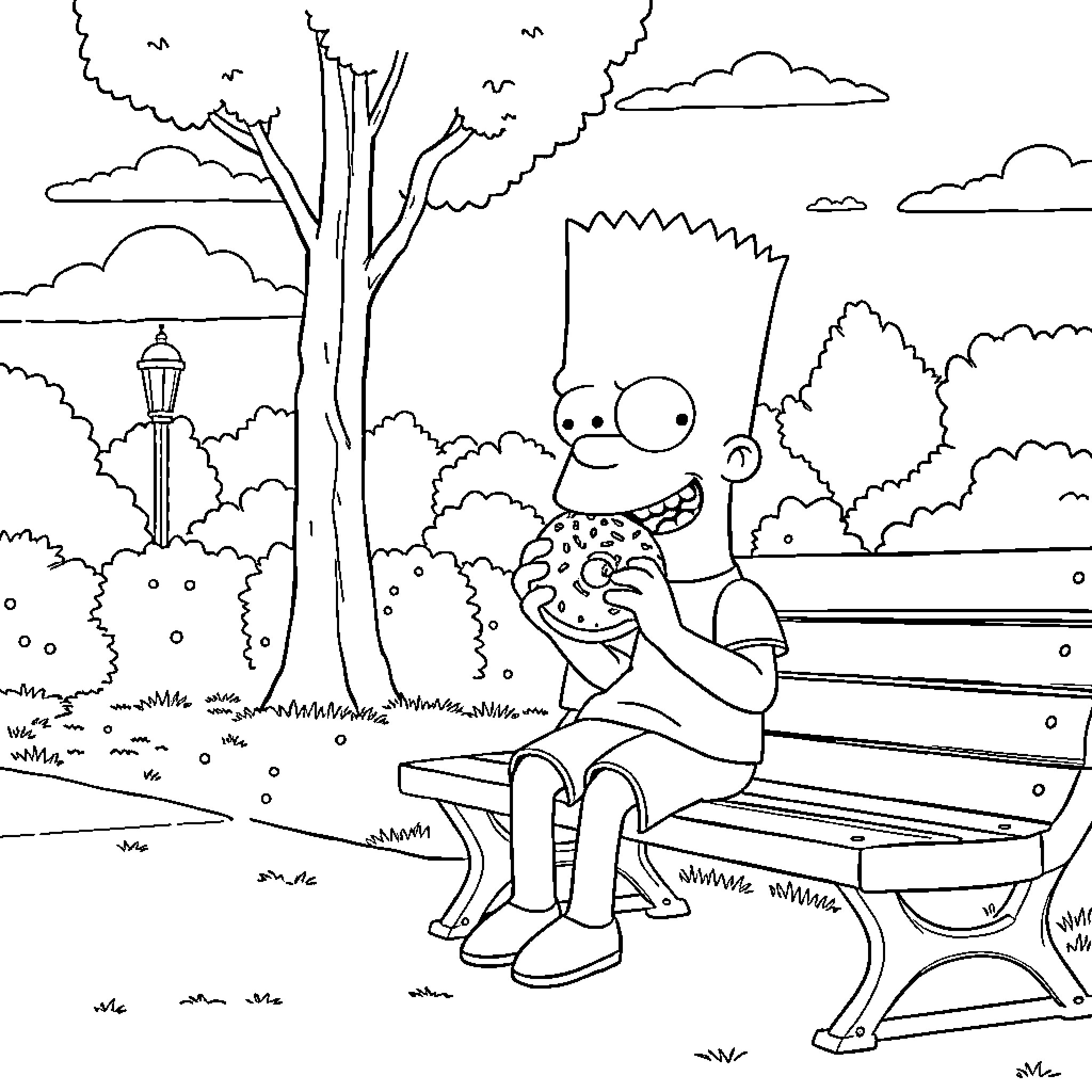 Bart Simpson enjoying a peaceful day in the park Coloring Page (free black-and-white line drawing printable PDF for all, from beginners to advanced learners, including children, teens, adults, and seniors)