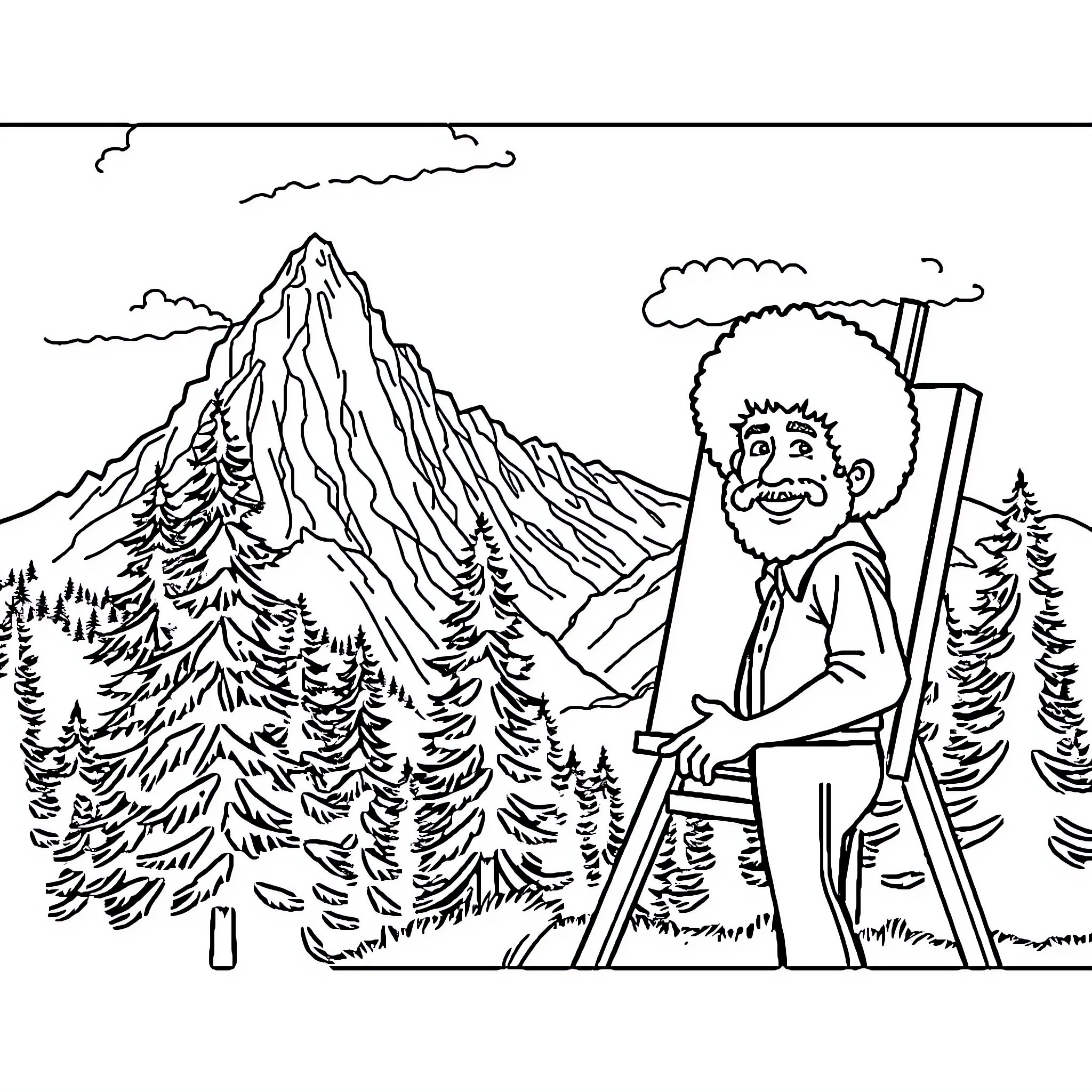 Bob Ross painting nature scene in the mountains Coloring Page (free black-and-white line drawing printable PDF for all, from beginners to advanced learners, including children, teens, adults, and seniors)
