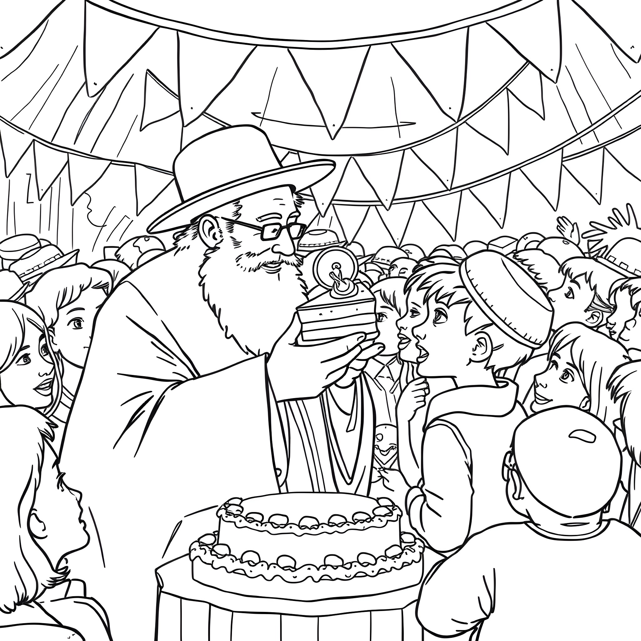Rebbe celebrating a joyous occasion with community Coloring Page (free black-and-white line drawing printable PDF for all, from beginners to advanced learners, including children, teens, adults, and seniors)