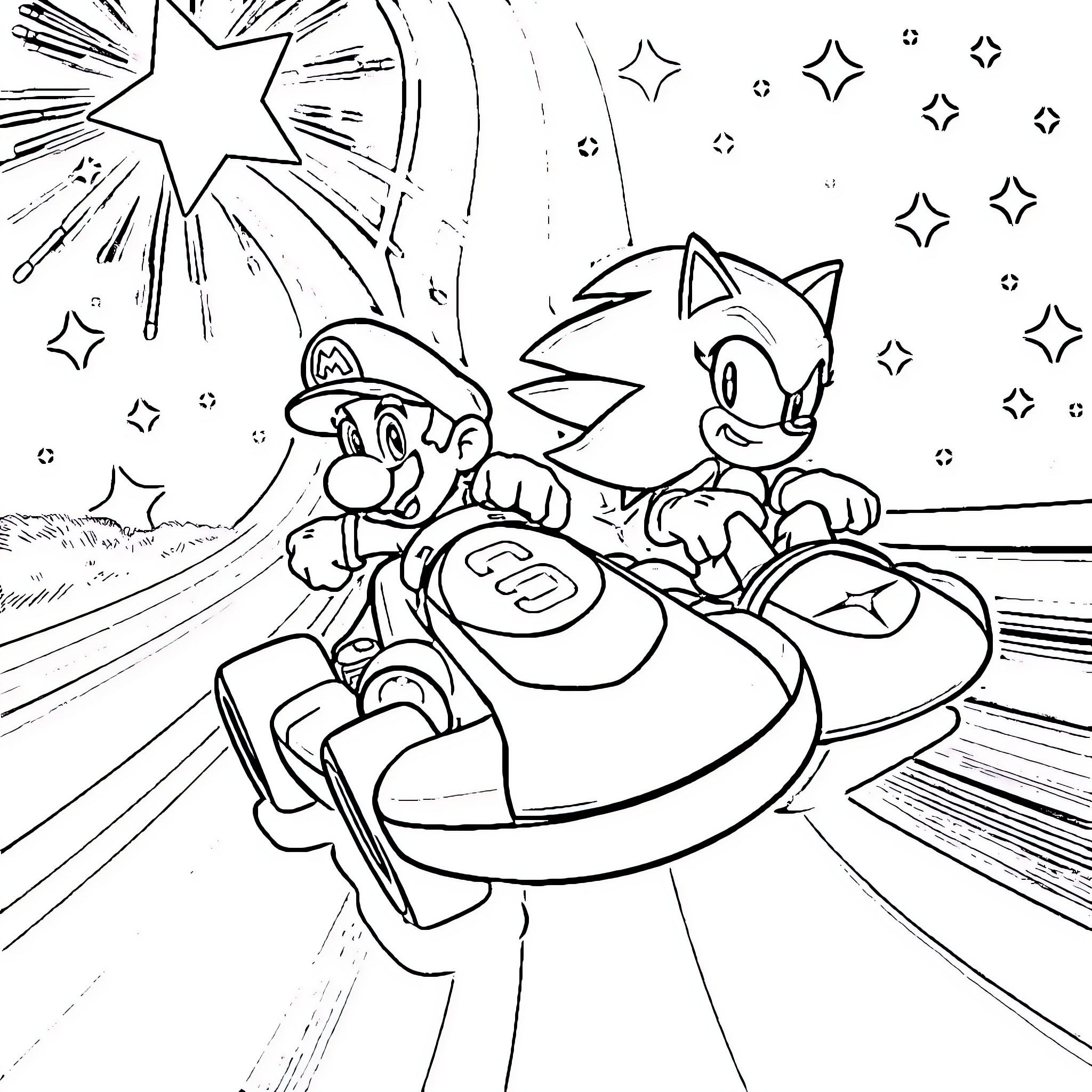 Mario and Sonic Racing through the Stars Coloring Page (free black-and-white line drawing printable PDF for all, from beginners to advanced learners, including children, teens, adults, and seniors)