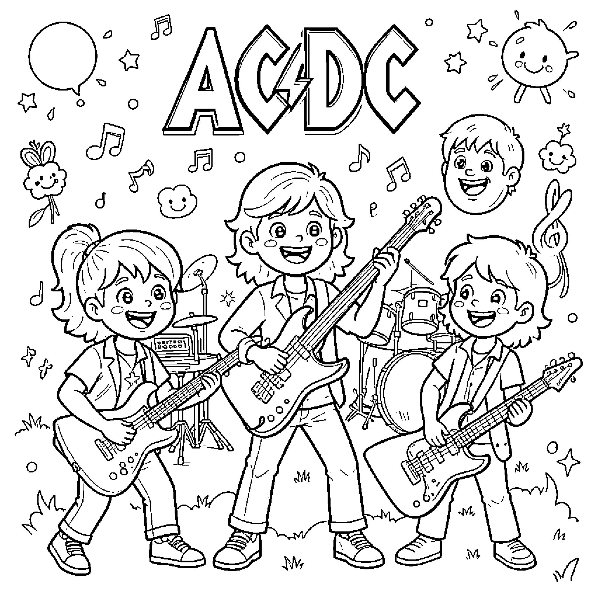 ACDC Band Members Performing Rock Music Coloring Page (free black-and-white line drawing printable PDF for all, from beginners to advanced learners, including children, teens, adults, and seniors)