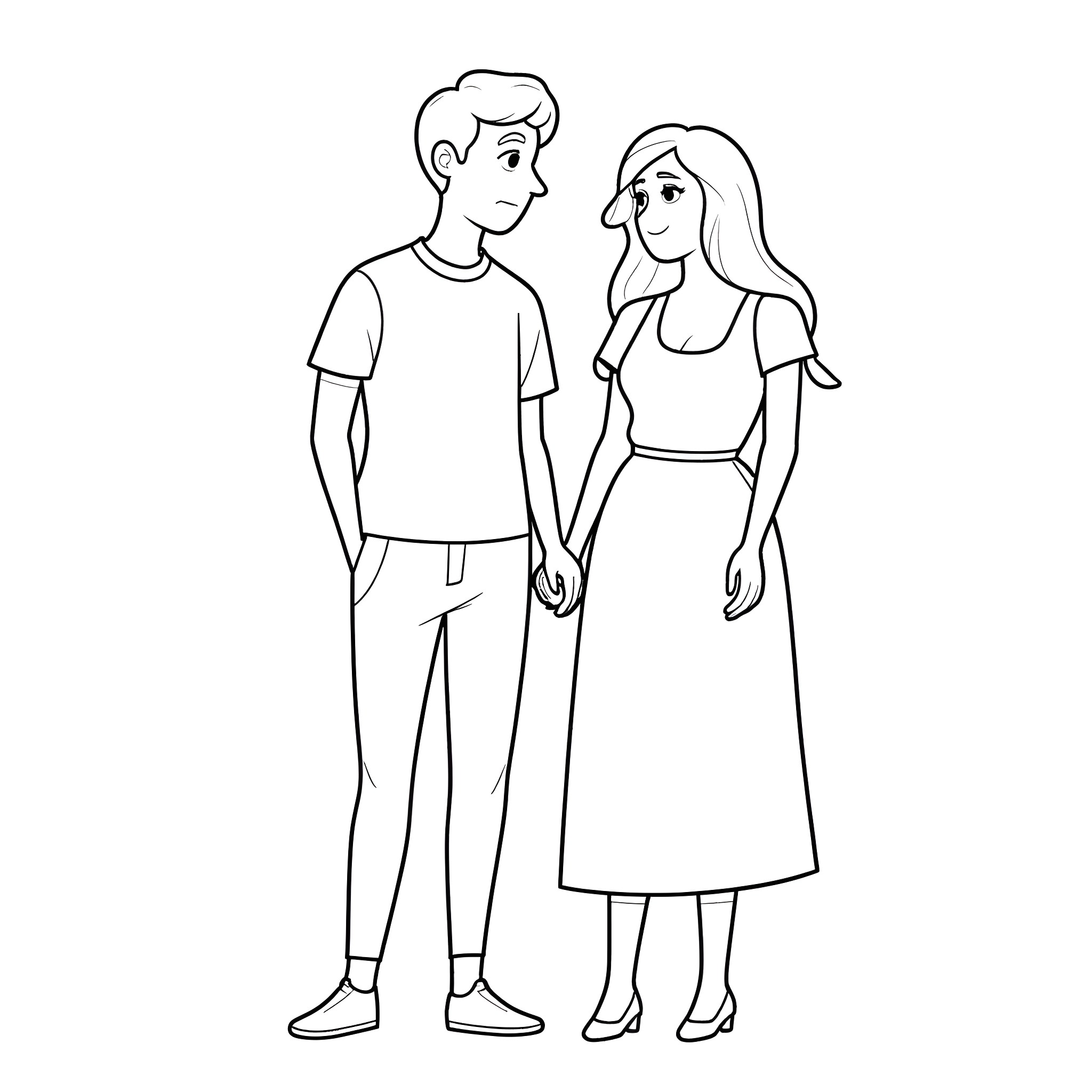 Wife and husband standing together Coloring Page (free black-and-white line drawing printable PDF for all, from beginners to advanced learners, including children, teens, adults, and seniors)