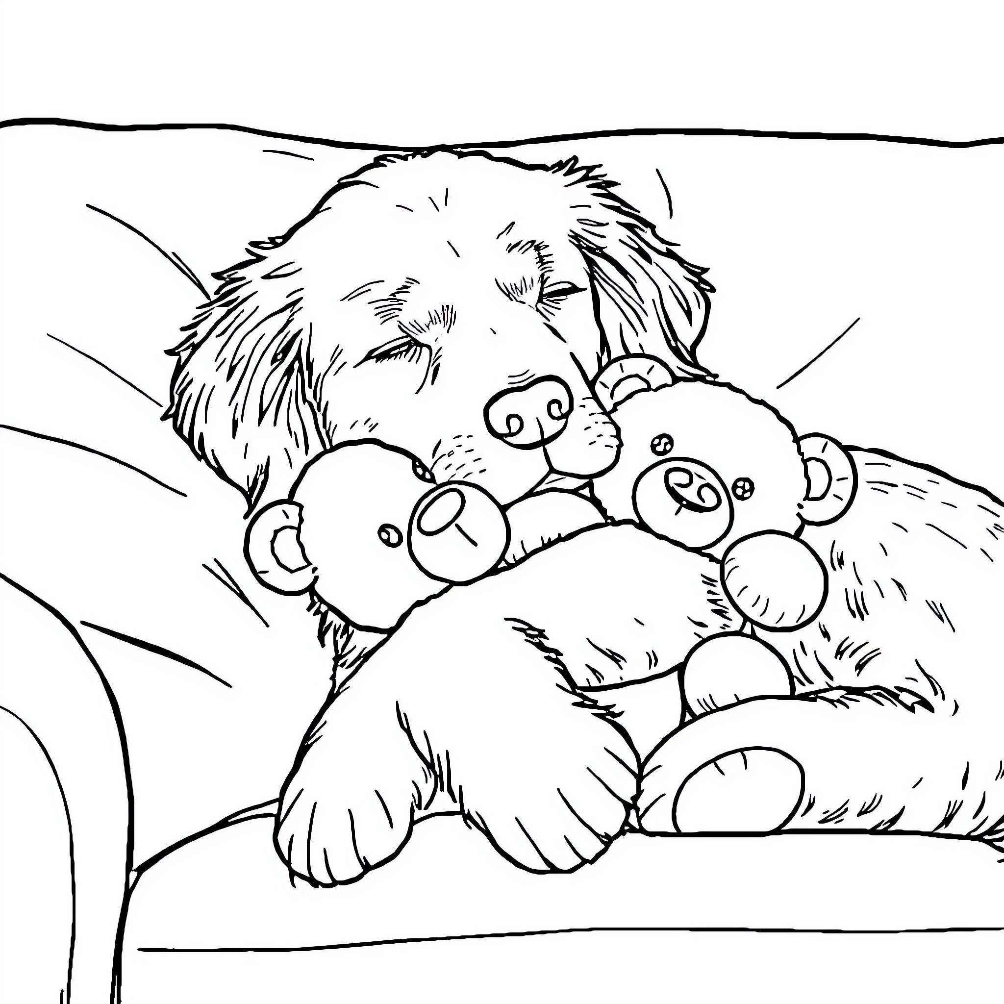 Golden Retriever Snuggling with Teddy Bears Coloring Page (free black-and-white line drawing printable PDF for all, from beginners to advanced learners, including children, teens, adults, and seniors)