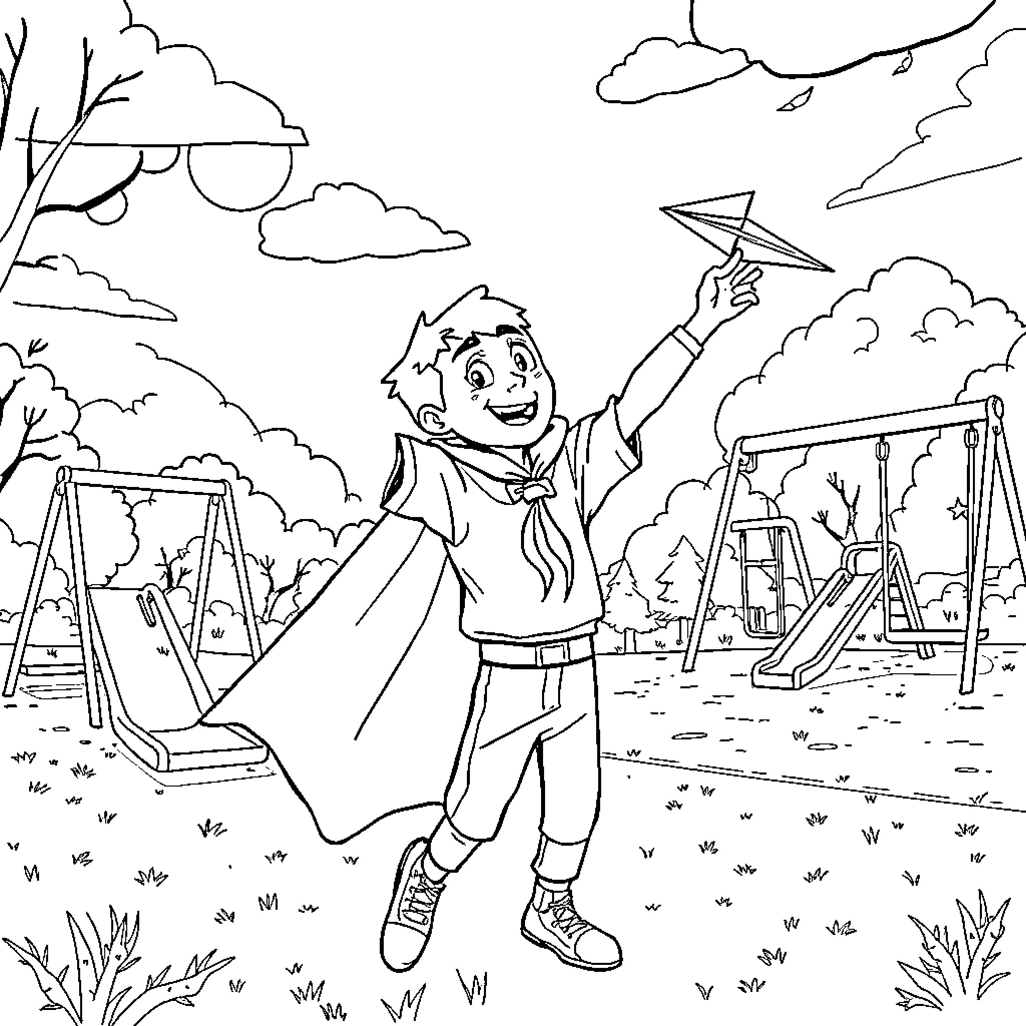 Vampire child playing with paper airplane in playground Coloring Page (free black-and-white line drawing printable PDF for all, from beginners to advanced learners, including children, teens, adults, and seniors)