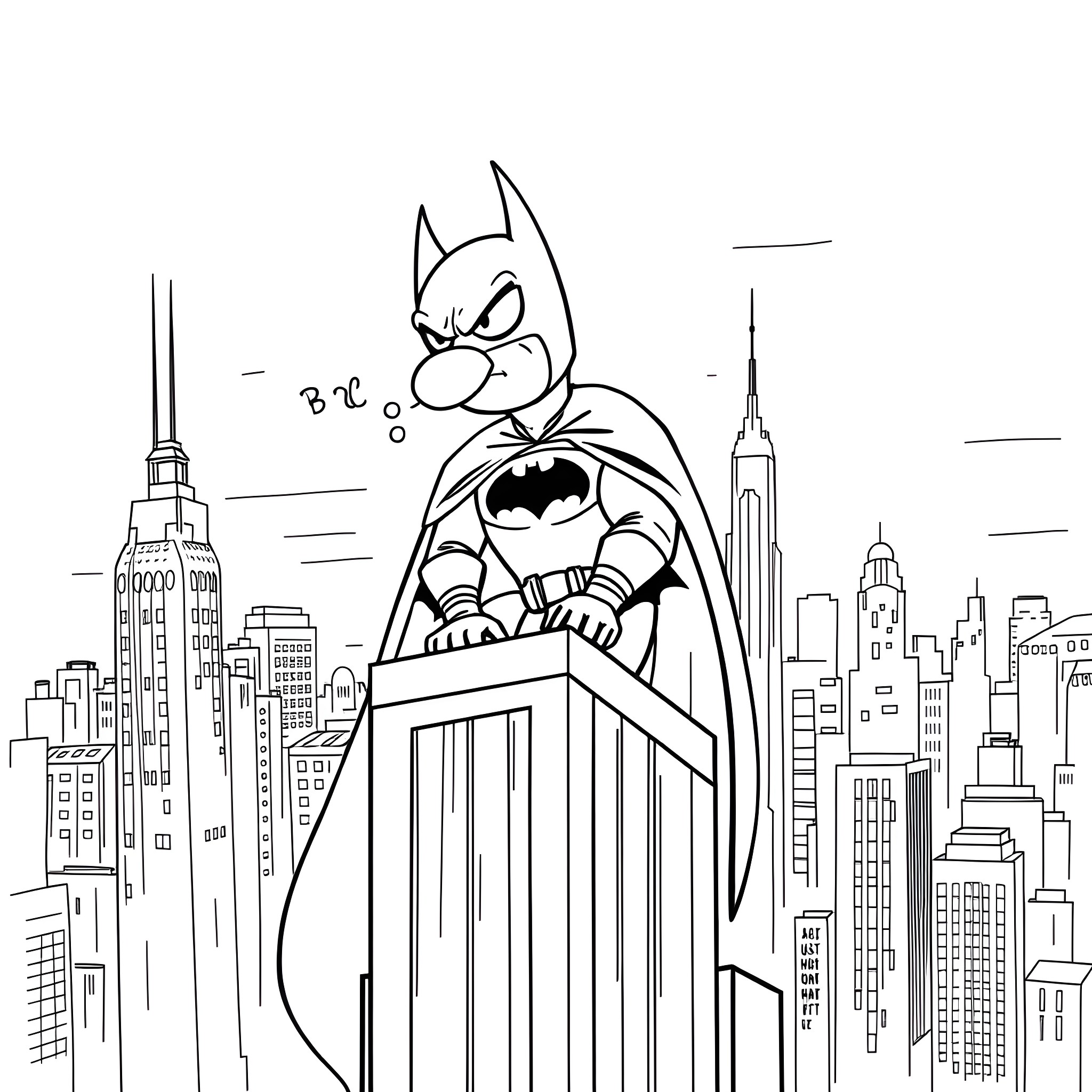 Batman overlooking the city skyline Coloring Page (free black-and-white line drawing printable PDF for all, from beginners to advanced learners, including children, teens, adults, and seniors)