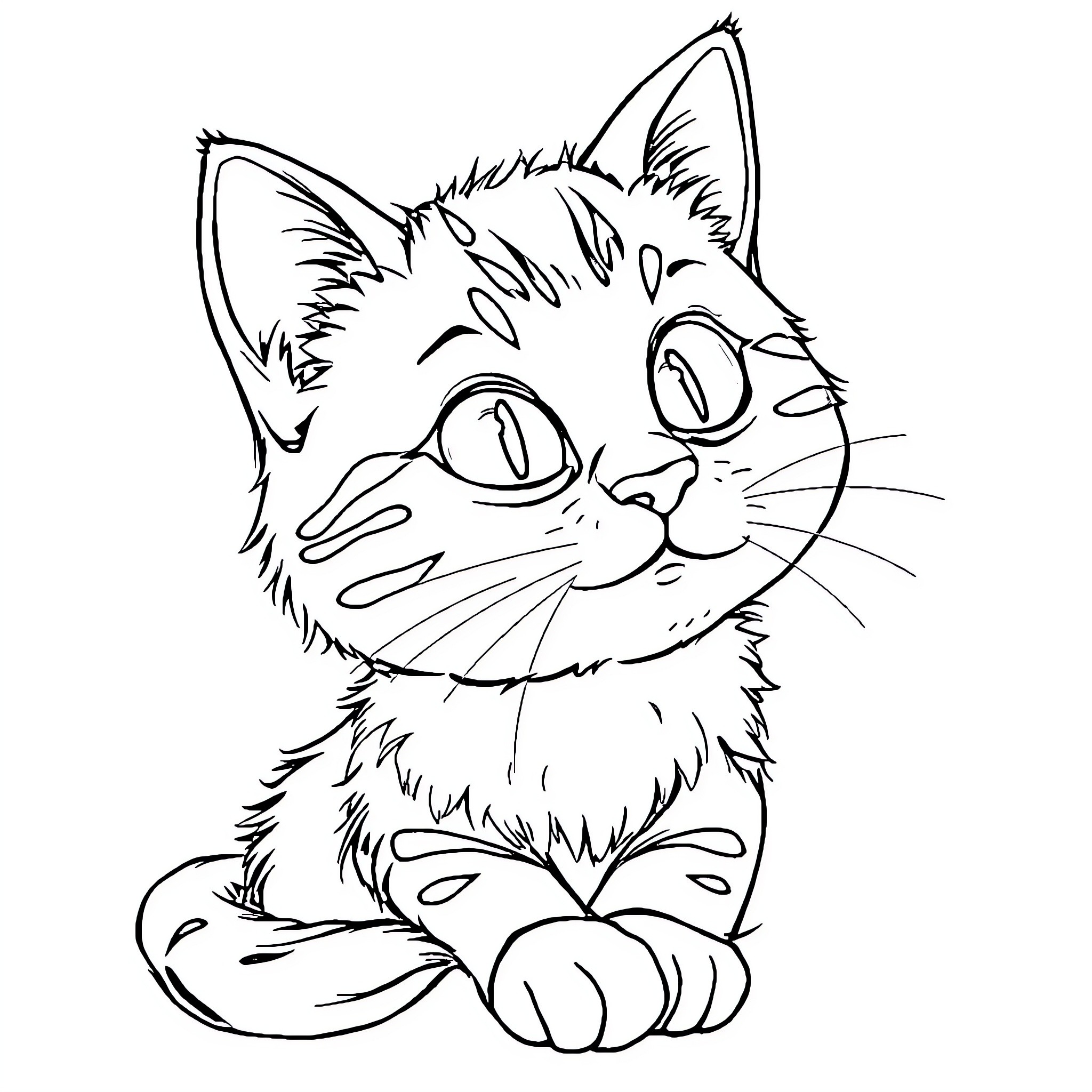 Cat in playful and curious pose Coloring Page (free black-and-white line drawing printable PDF for all, from beginners to advanced learners, including children, teens, adults, and seniors)