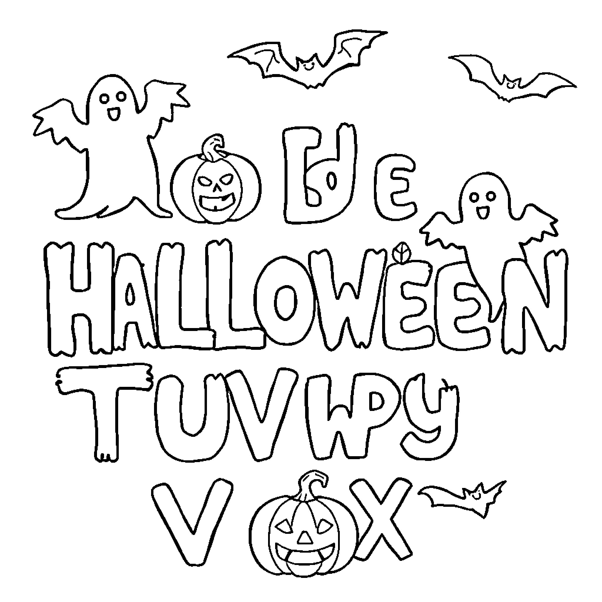 Halloween themed illustrations and text Coloring Page (free black-and-white line drawing printable PDF for all, from beginners to advanced learners, including children, teens, adults, and seniors)