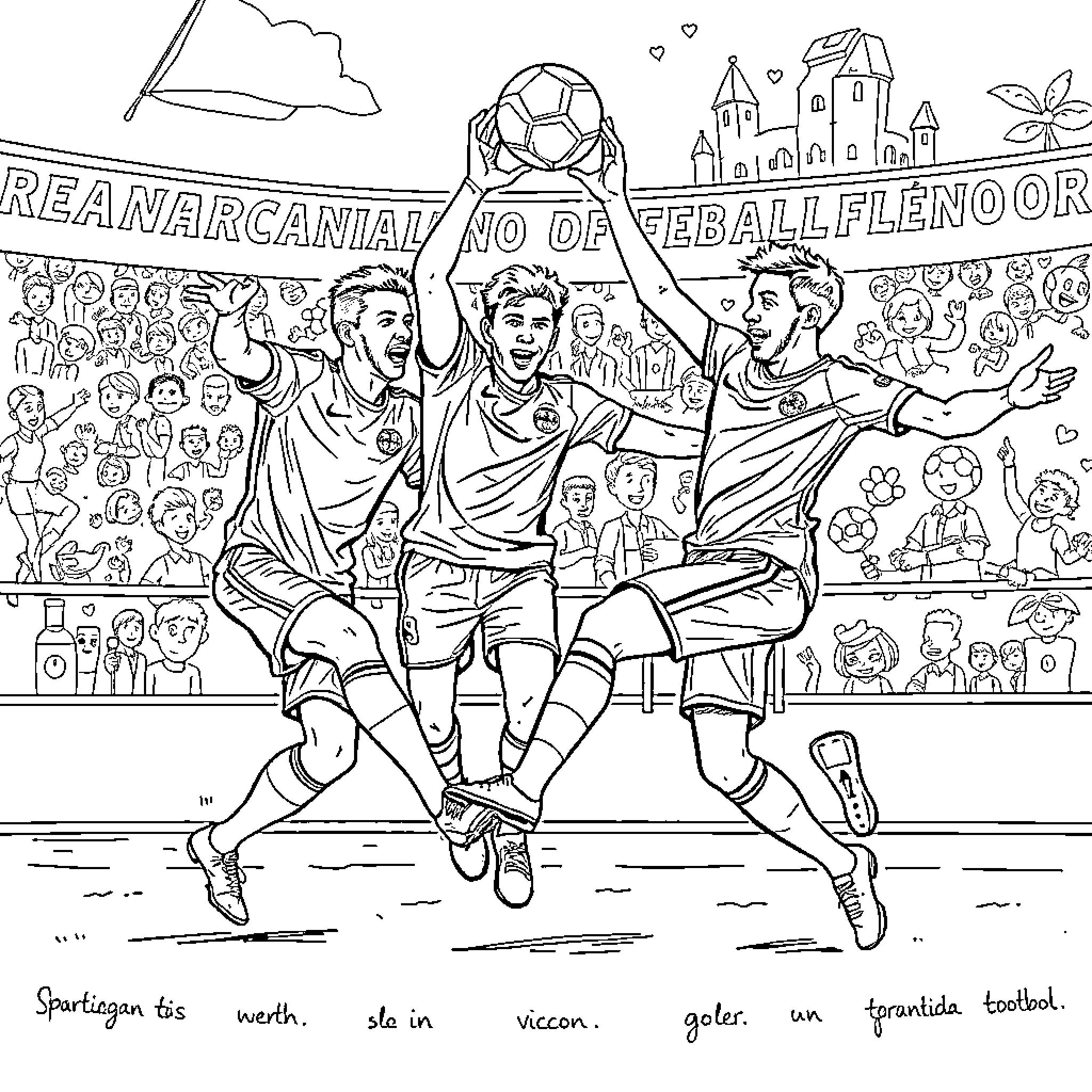 Jugador de Fútbol compitiendo en el campo con sus compañeros Coloring Page (free black-and-white line drawing printable PDF for all, from beginners to advanced learners, including children, teens, adults, and seniors)